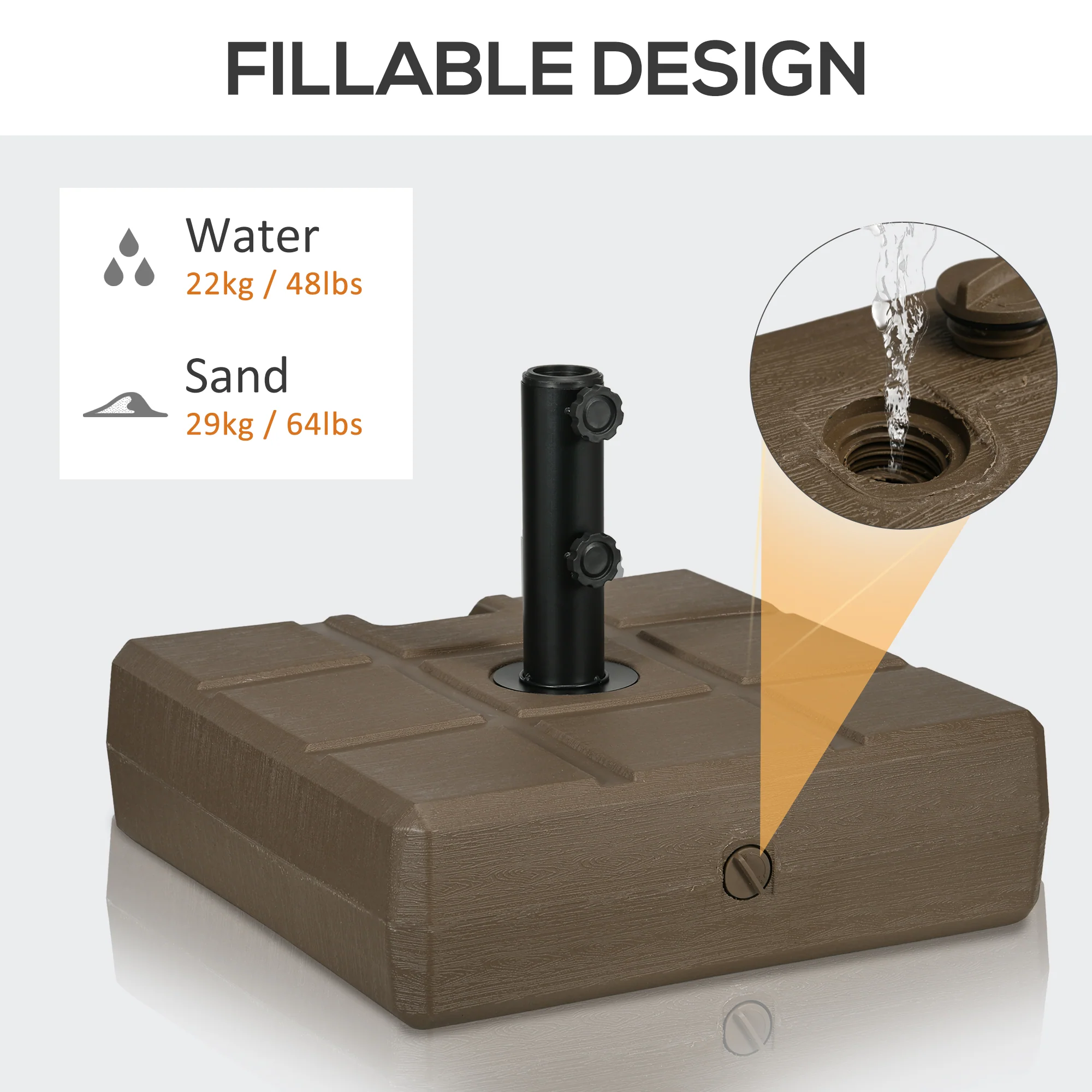 88 lbs. Fillable Umbrella Base with Steel Umbrella Holder for 1.25", 1.5" or 2" Umbrella Poles, Square & Reversible Heavy Duty Market Umbrella Stand, Brown - Image 7