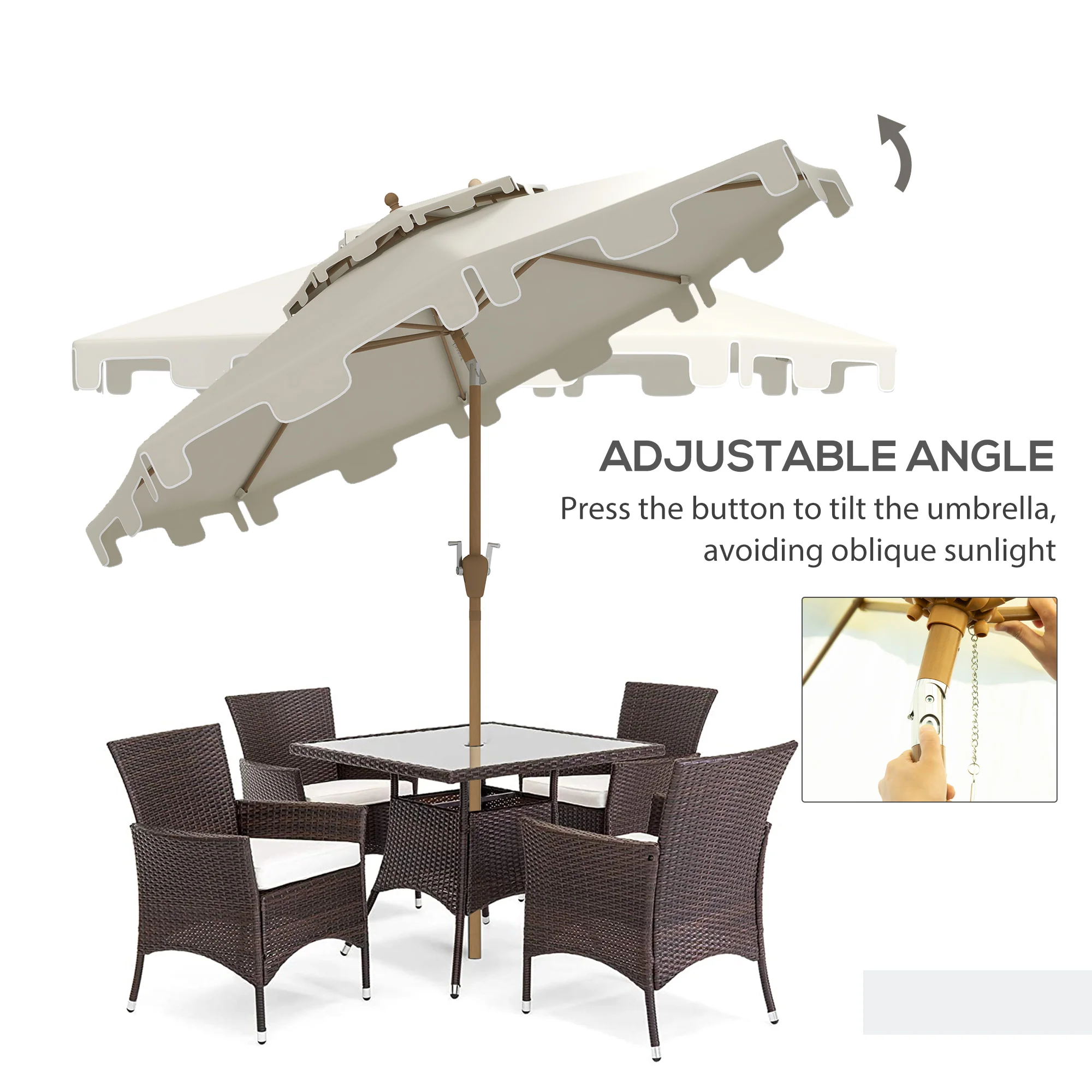 9' Patio Umbrella with Push Button Tilt and Crank, Outdoor Umbrella with 8 Ribs, Cream White - Image 6