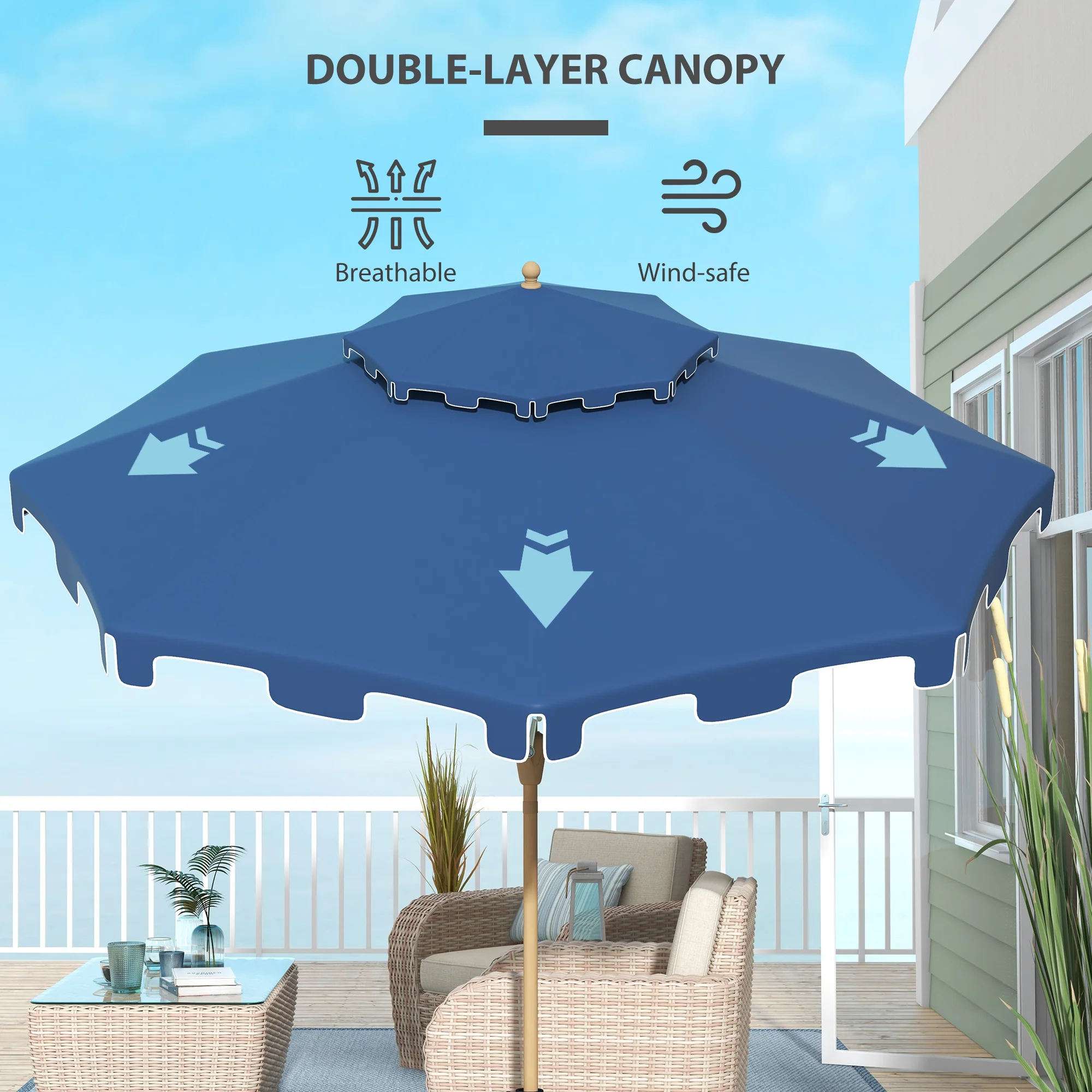 9' Patio Umbrella with Push Button Tilt and Crank, Outdoor Umbrella with 8 Ribs, Dark Blue - Image 8