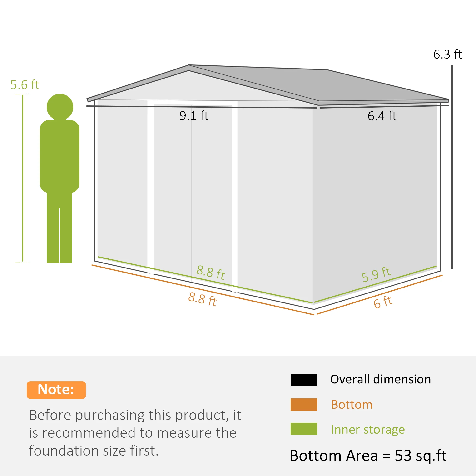 EverBase 9' x 6' Outdoor Storage Shed with Foundation Kit, Double Lockable Door & Air Vents, Silver - Image 5
