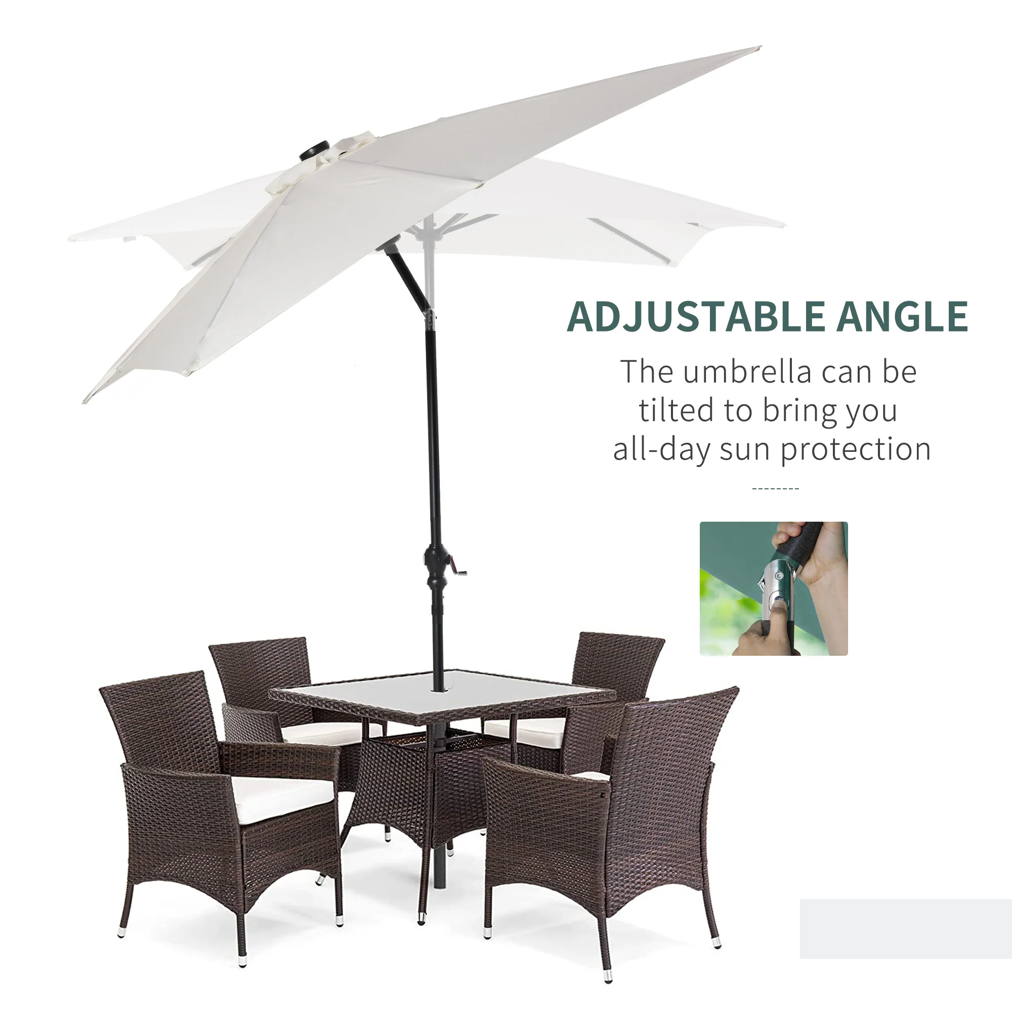 9' x 7' Patio Umbrella with Crank, Solar LED Lights, 45° Tilt, Push-Button Operation, White - Image 8