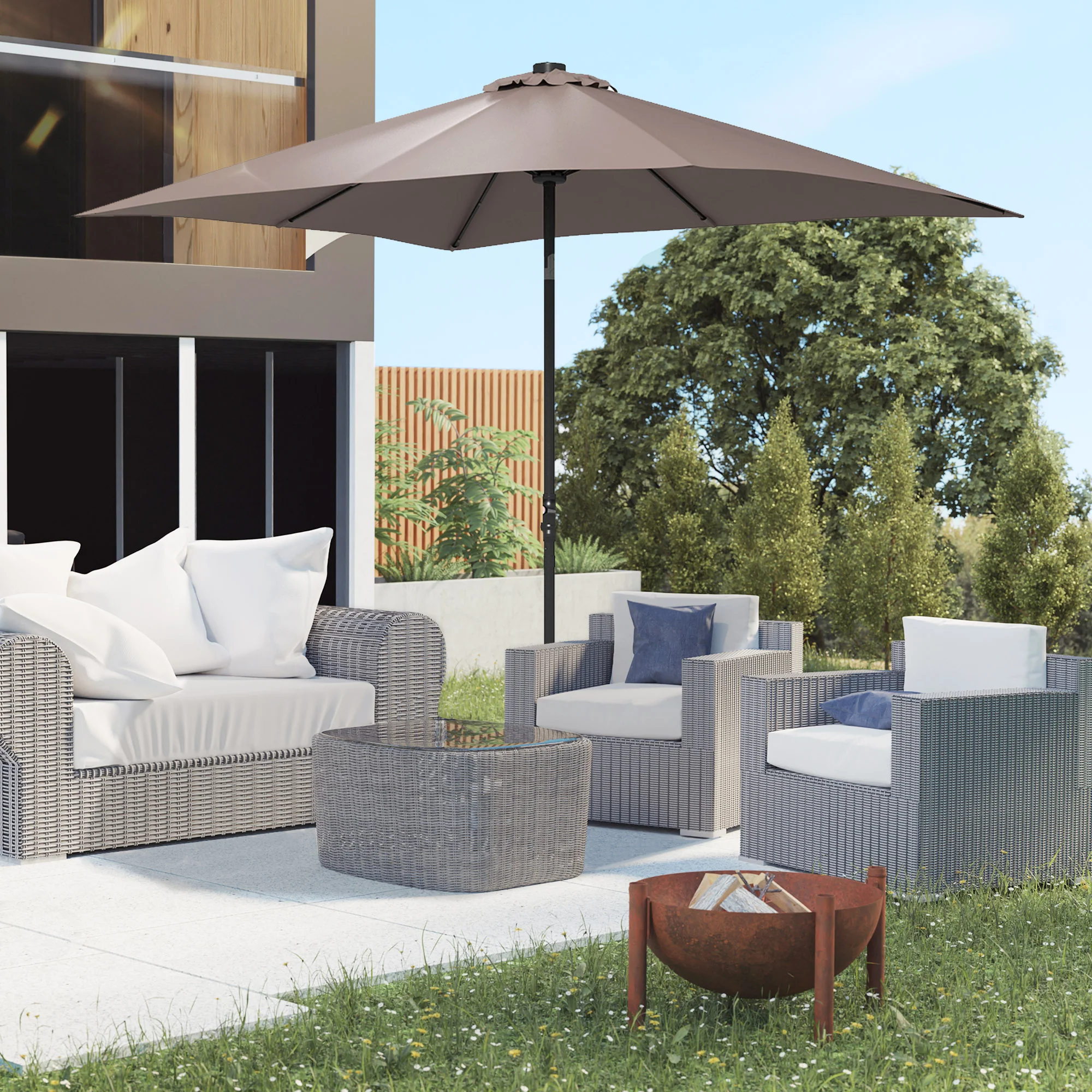 9' x 7' Solar Patio Umbrella with Crank, LED Lights, Tilting, Push-Button, Tan - Image 3