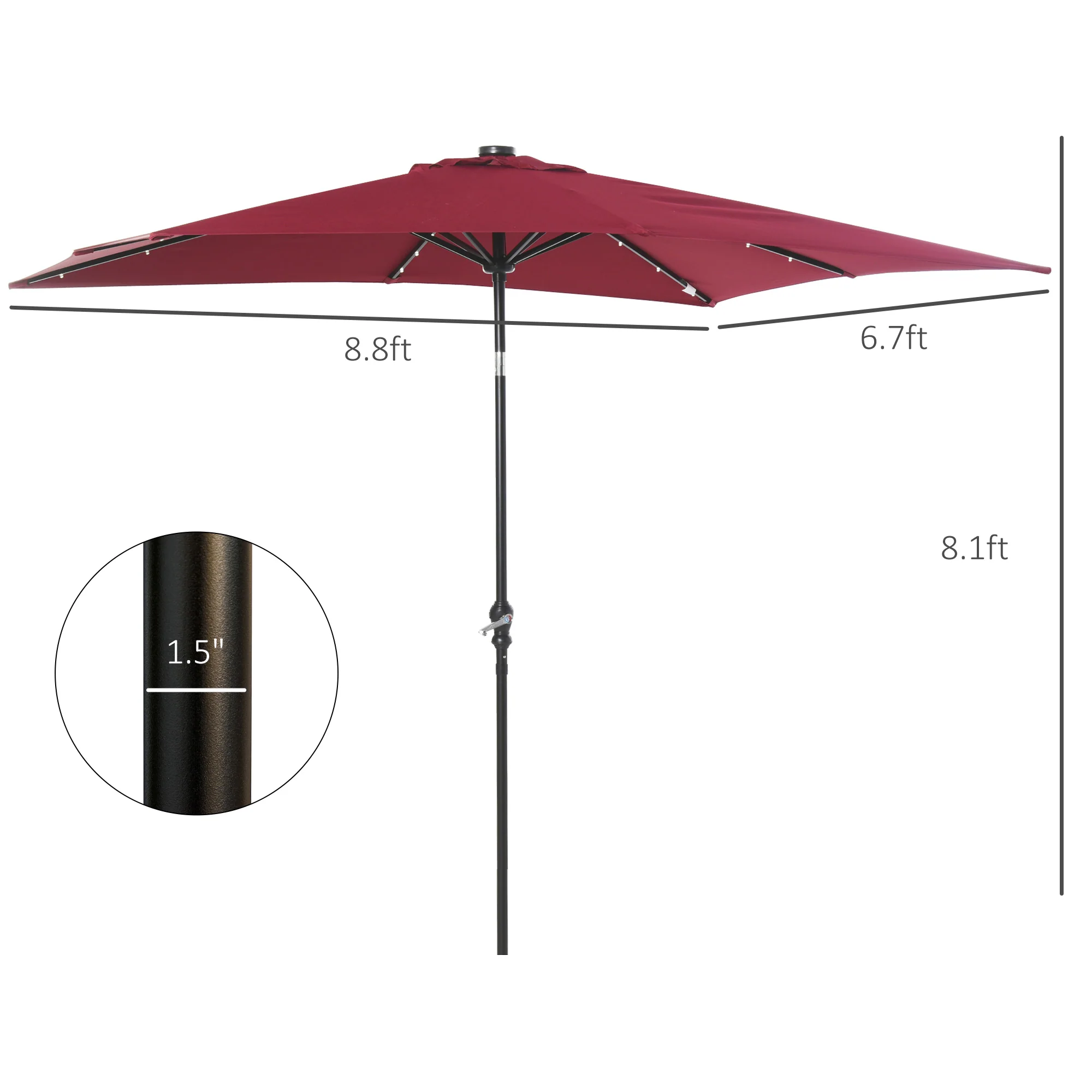 9' x 7' Solar Umbrella with LED Lighted, Tilt & Crank, Wine Red - Image 5