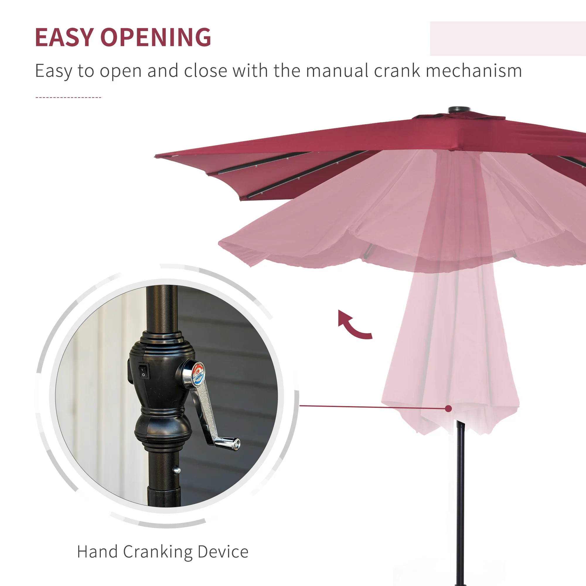 9' x 7' Solar Umbrella with LED Lighted, Tilt & Crank, Wine Red - Image 7