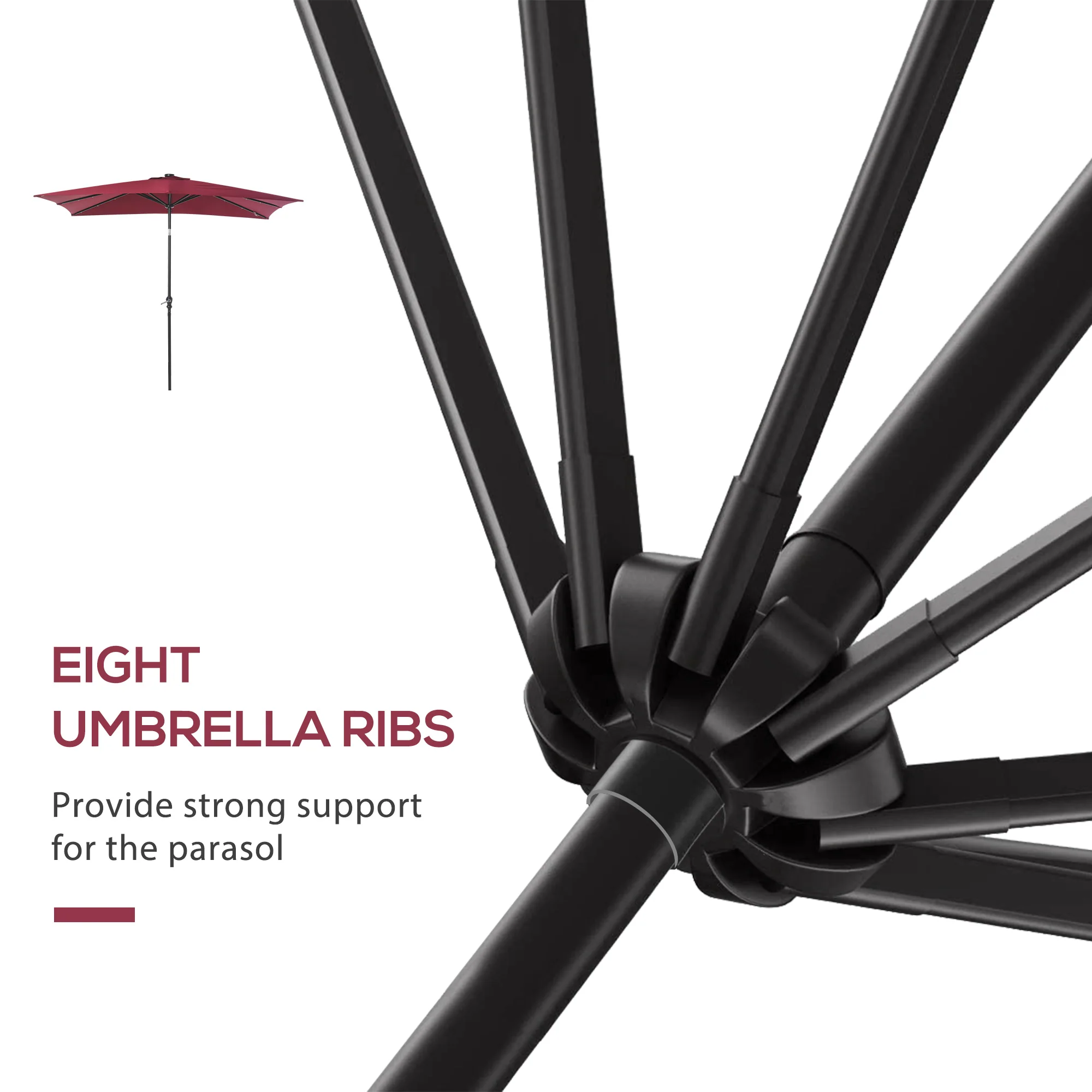 9' x 7' Solar Umbrella with LED Lighted, Tilt & Crank, Wine Red - Image 9