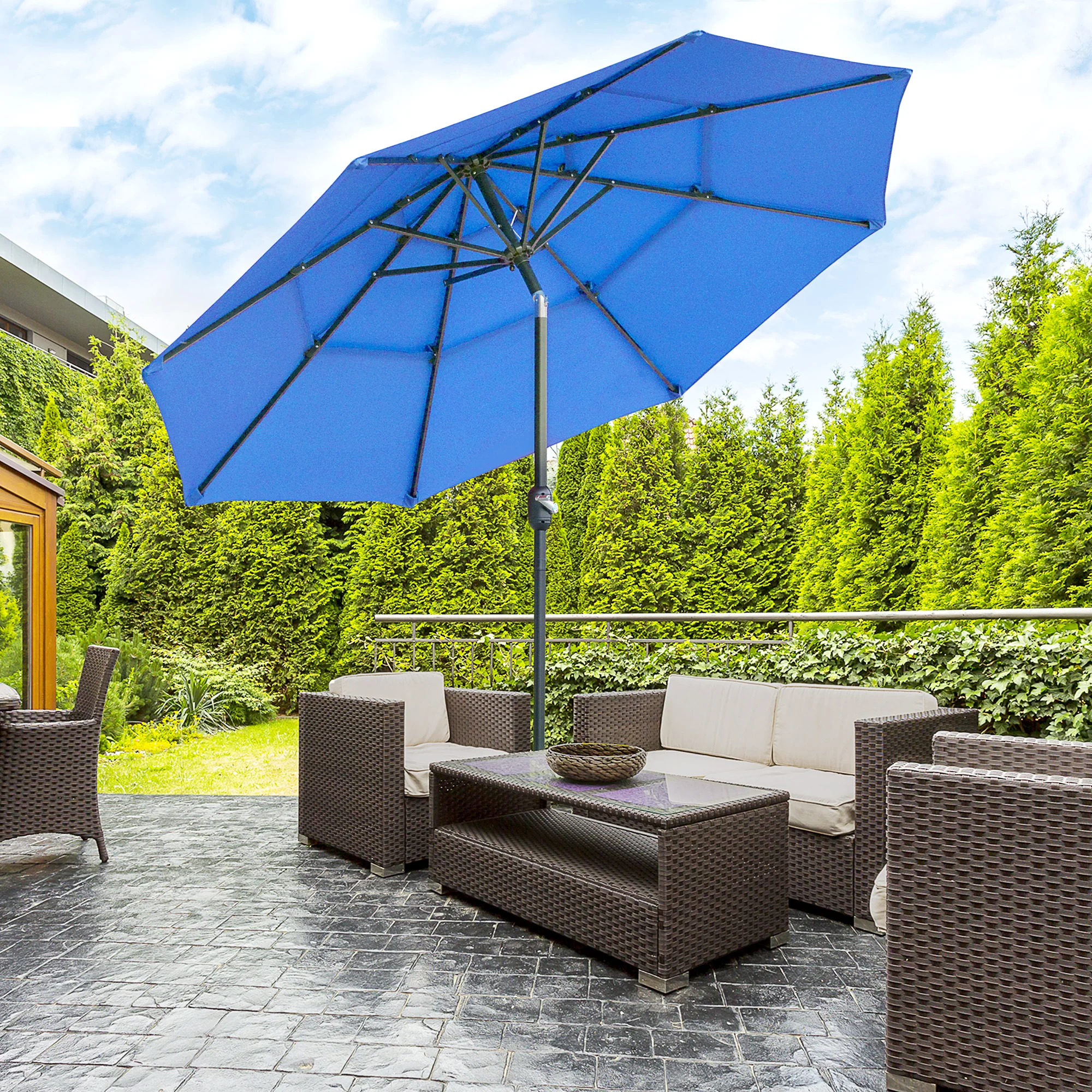 9FT 3-Tier Patio Umbrella with Crank & Push Button Tilt, Dark Blue - Image 3