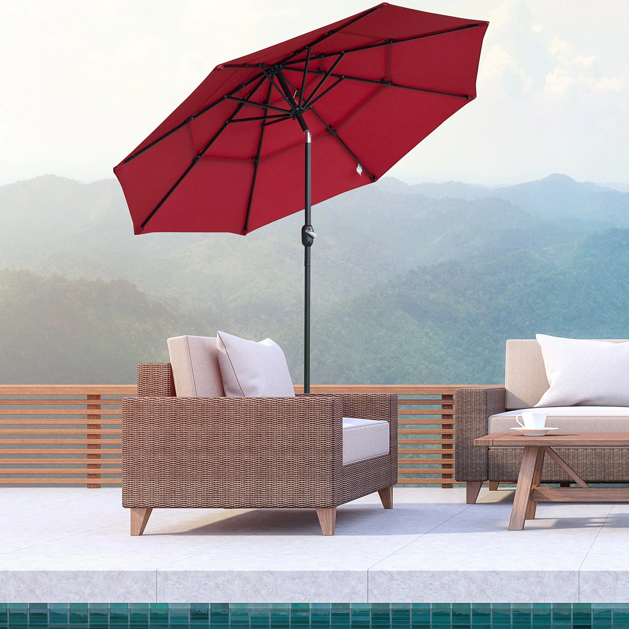 9FT 3 Tiers Patio Umbrella, Crank, Push Button Tilt, Deck, Backyard, Lawn, Wine Red - Image 3
