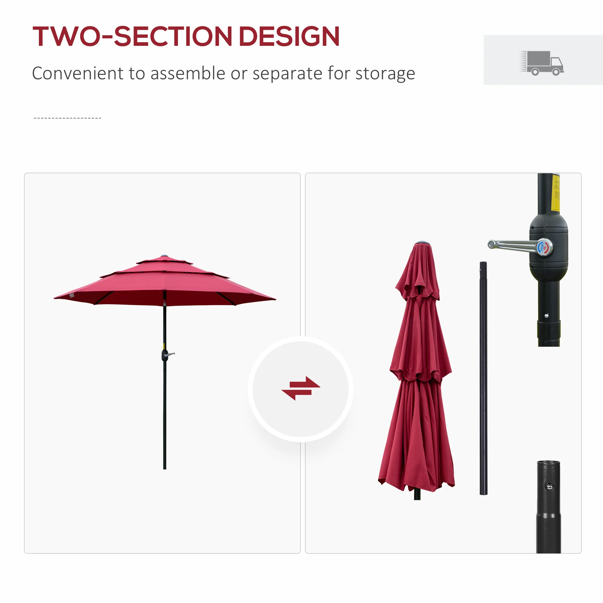 9FT 3 Tiers Patio Umbrella, Crank, Push Button Tilt, Deck, Backyard, Lawn, Wine Red - Image 8