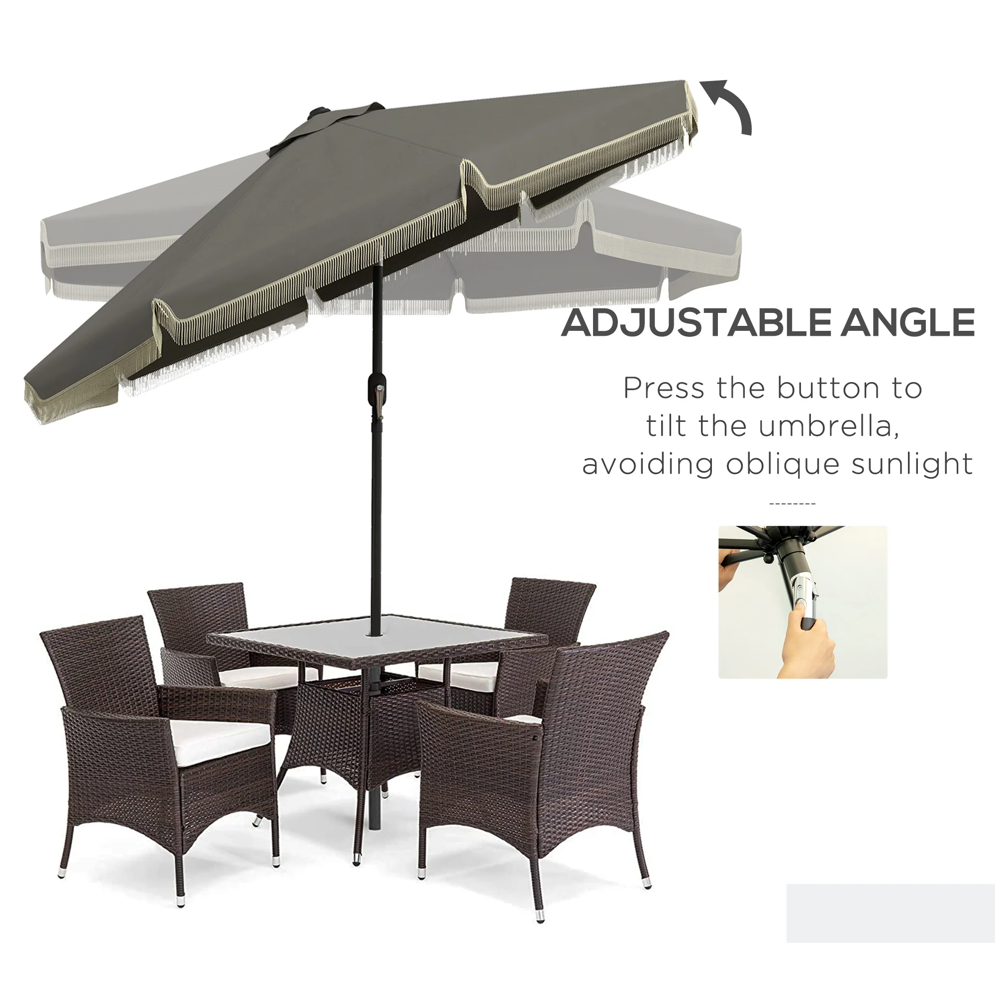 9' Patio Umbrella with Tilt & Crank, Ruffled Edge, 8 Ribs, Dark Gray - Image 6