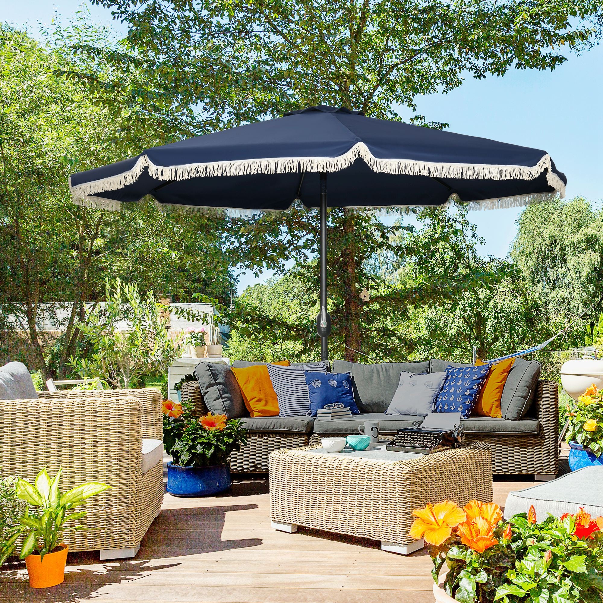 9' Patio Umbrella Outdoor Table Umbrella w/ Tilt, Crank, Ruffled, 8 Ribs, Dark Blue - Image 4