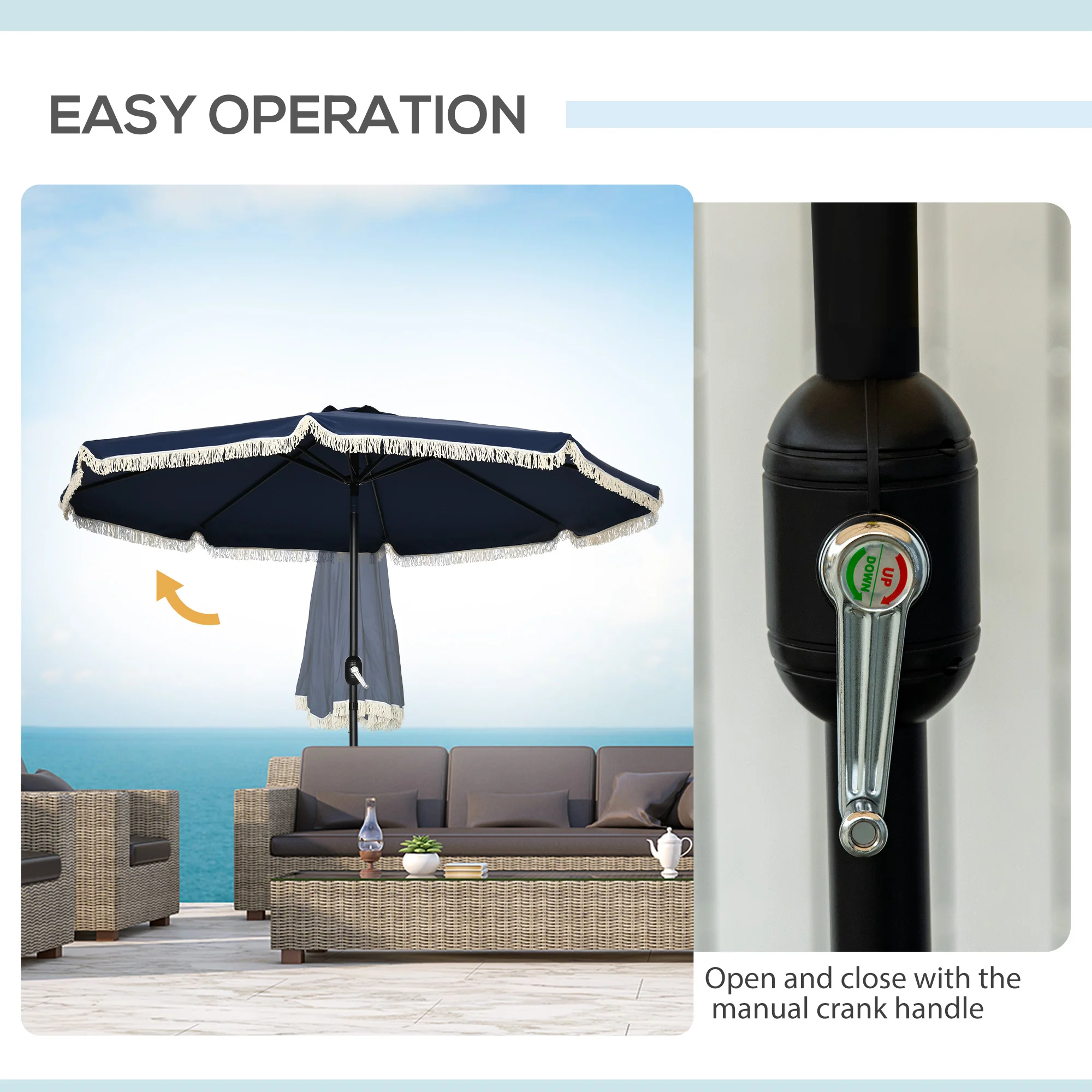 9' Patio Umbrella Outdoor Table Umbrella w/ Tilt, Crank, Ruffled, 8 Ribs, Dark Blue - Image 7