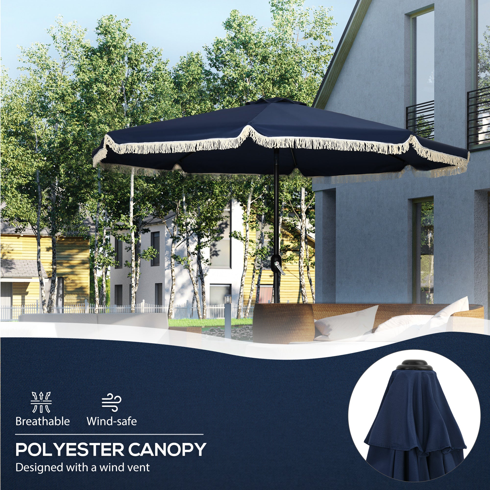 9' Patio Umbrella Outdoor Table Umbrella w/ Tilt, Crank, Ruffled, 8 Ribs, Dark Blue - Image 8