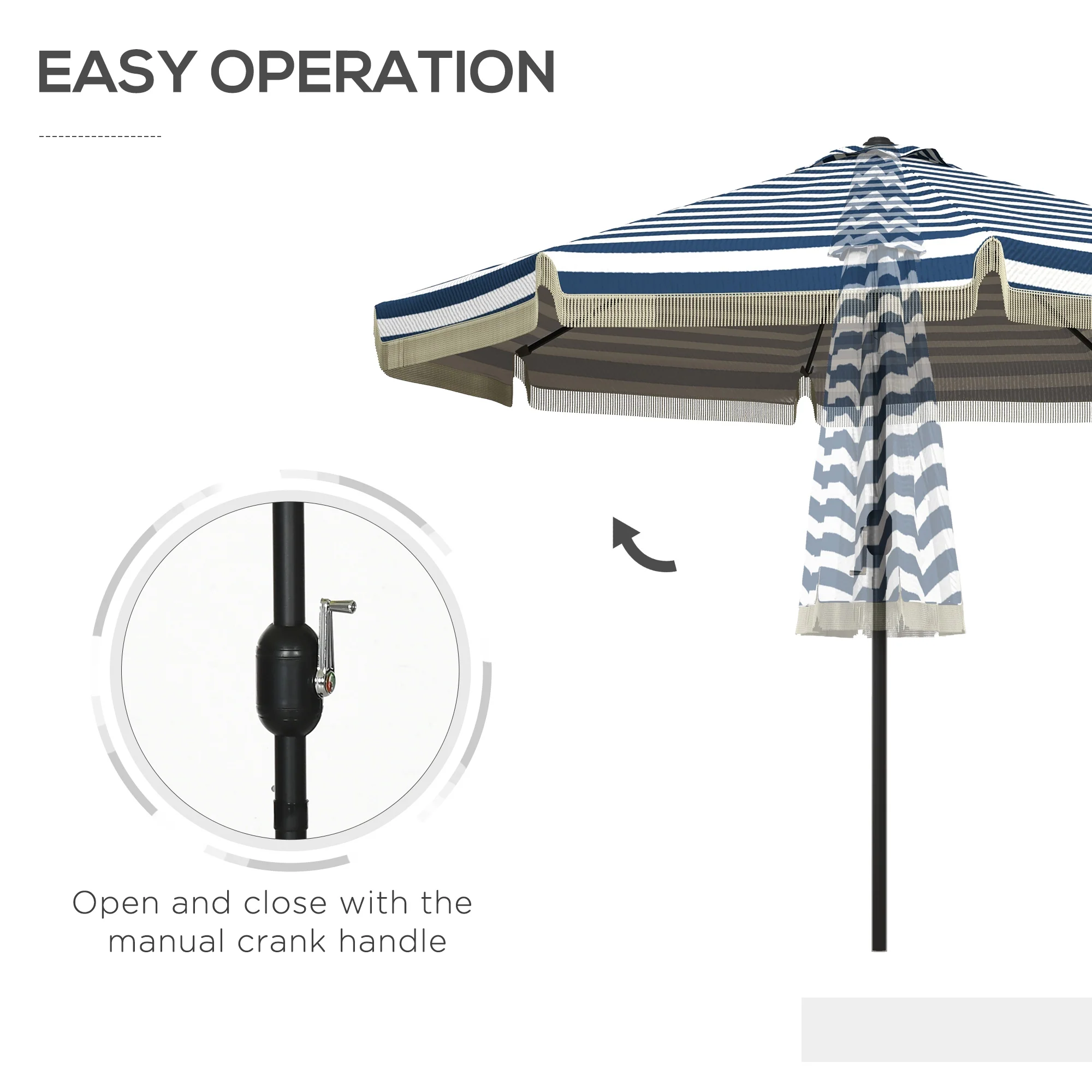 9' Patio Umbrella, Tilt, Crank, Ruffled, 8 Ribs, Garden, Deck, Pool, Blue Stripe - Image 7