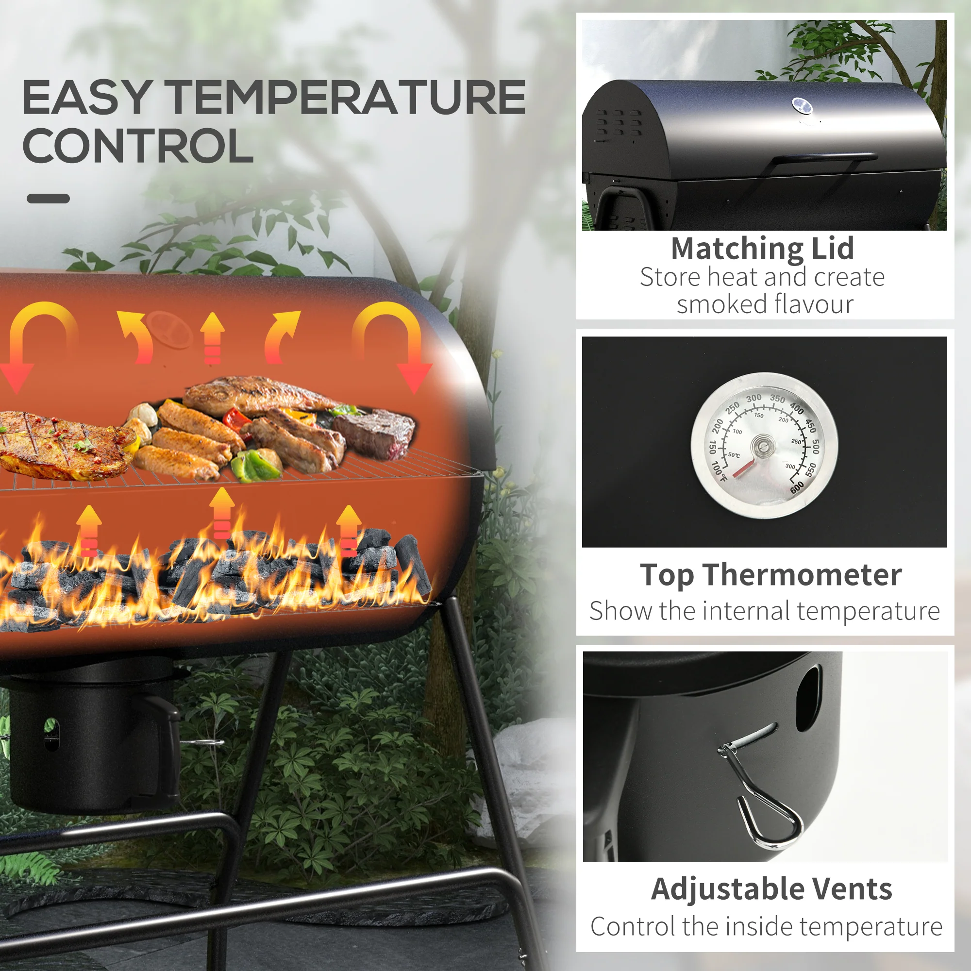 420 sq.in Charcoal BBQ Grill with Wheels, Ash Catcher, Black - Image 8