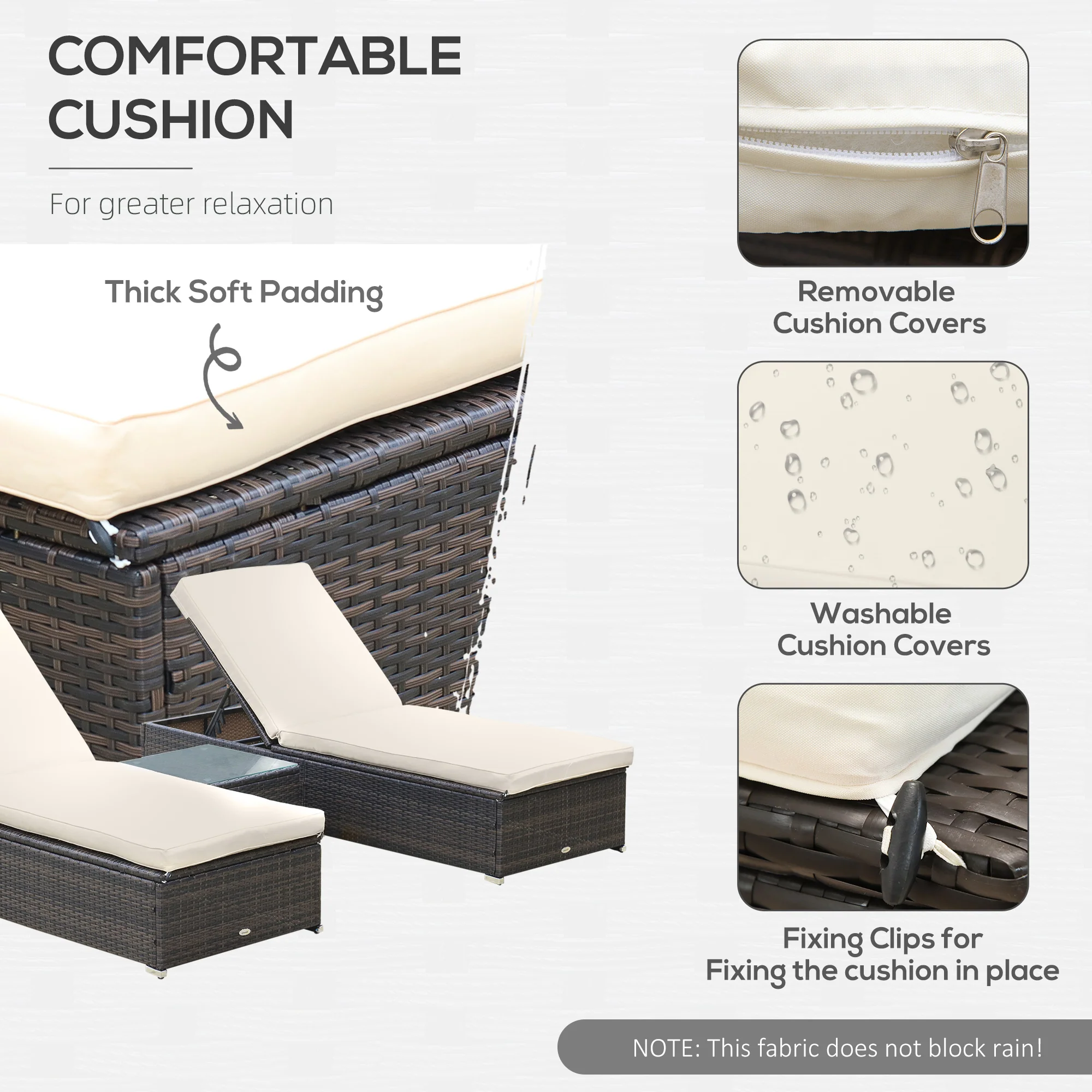 Pool Lounge Chairs Set of 2, w/5 Angle Backrest, Table, Water Repellent Cushions, Beige - Image 9