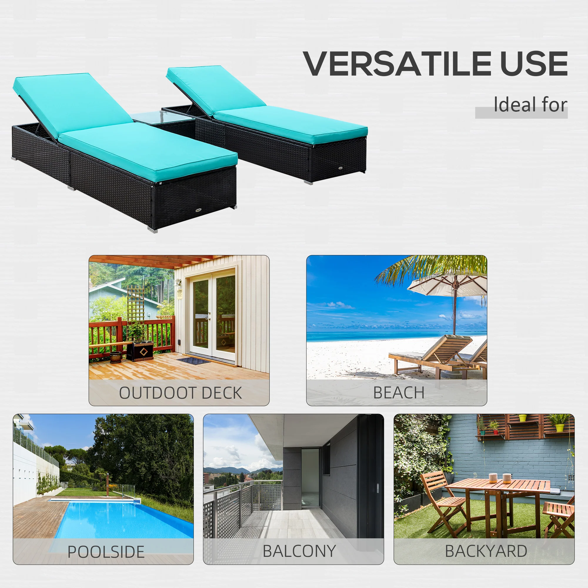Pool Lounge Chairs Set of 2, w/5 Angle Backrest, Table, Water Repellent Cushions, Turquoise - Image 9