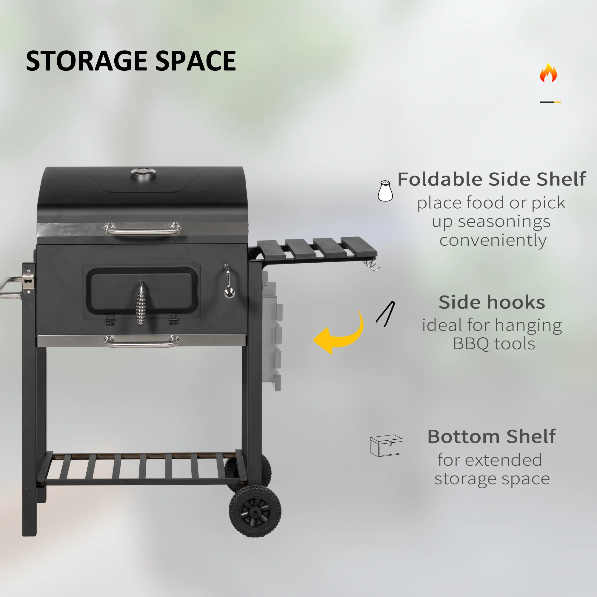 Charcoal BBQ Grill Smoker Combo Portable Trolley Camping Picnic Backyard Side Shelf, Black - Image 10
