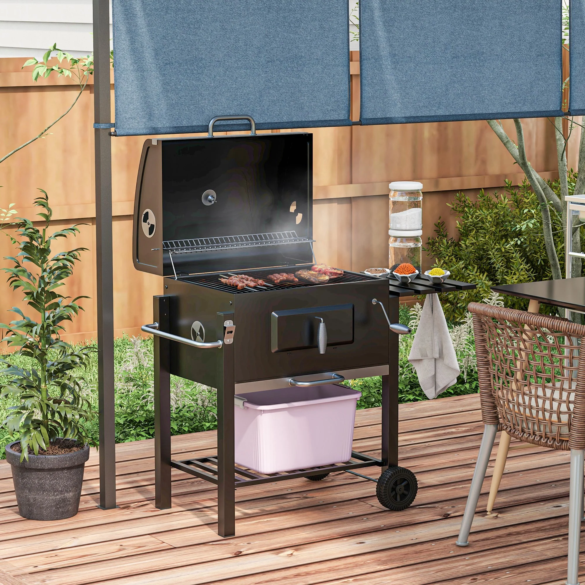 Charcoal BBQ Grill Smoker Combo Portable Trolley Camping Picnic Backyard Side Shelf, Black - Image 3