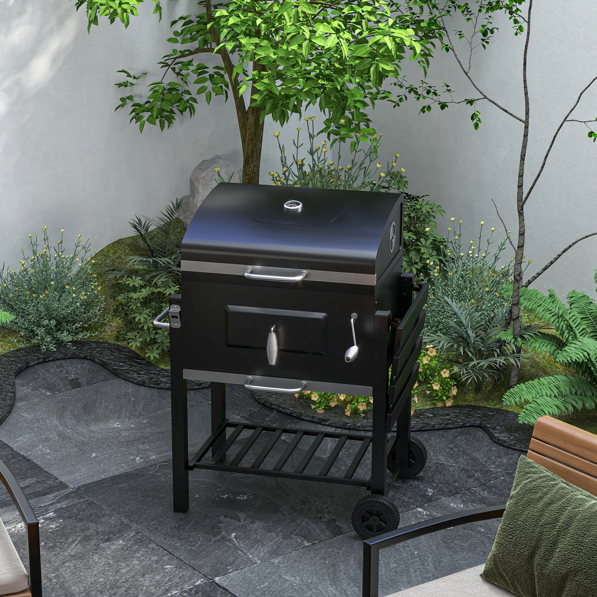 Charcoal BBQ Grill Smoker Combo Portable Trolley Camping Picnic Backyard Side Shelf, Black - Image 4