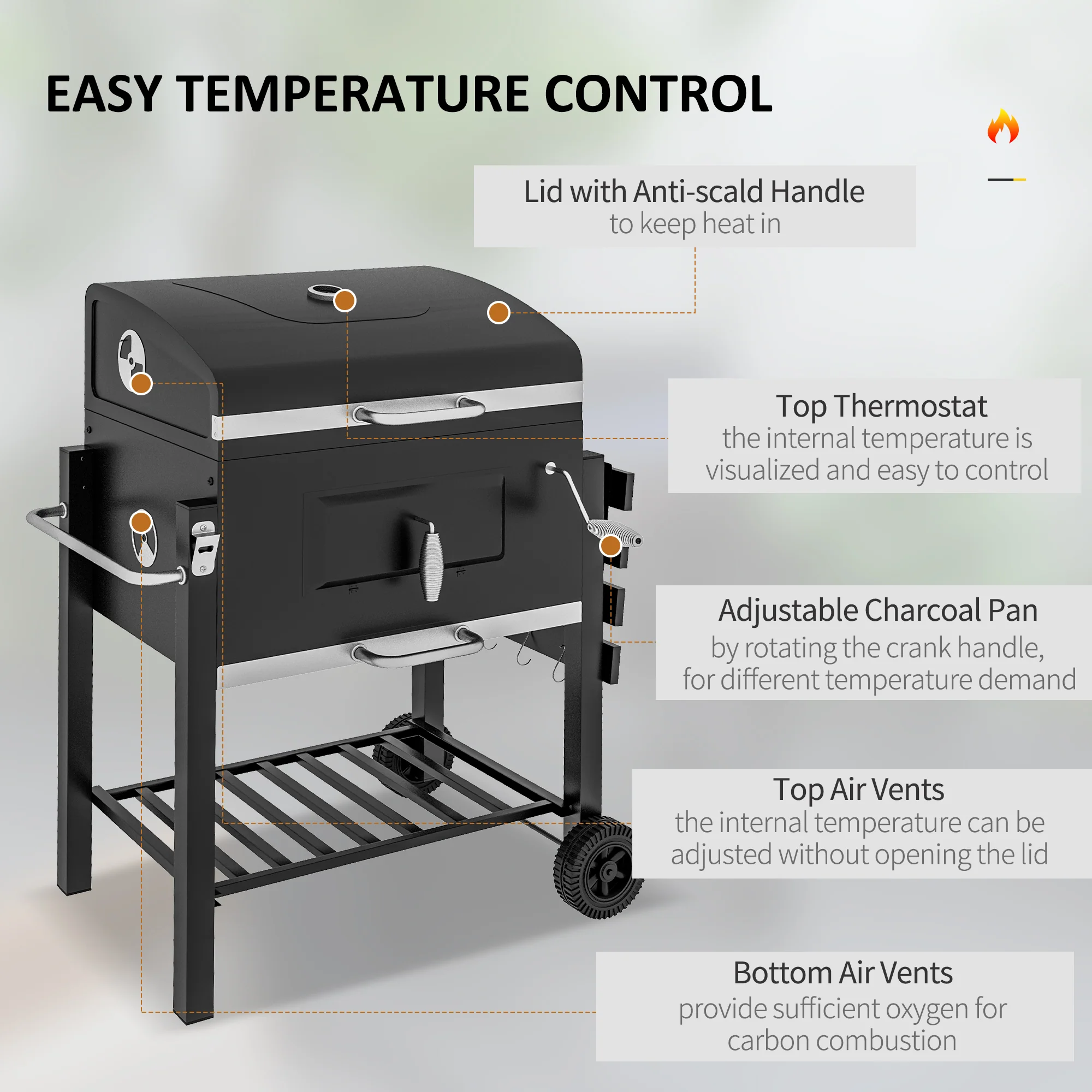 Charcoal BBQ Grill Smoker Combo Portable Trolley Camping Picnic Backyard Side Shelf, Black - Image 7