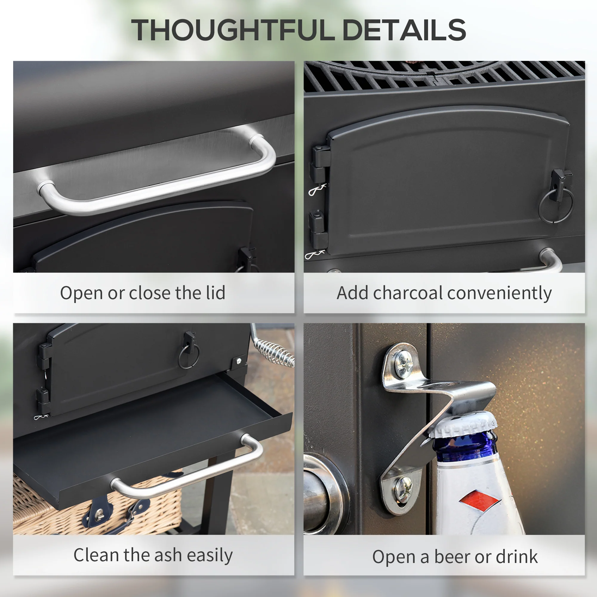 Adjustable Height Charcoal Grill with Foldable Shelves & Wheels, Black - Image 10