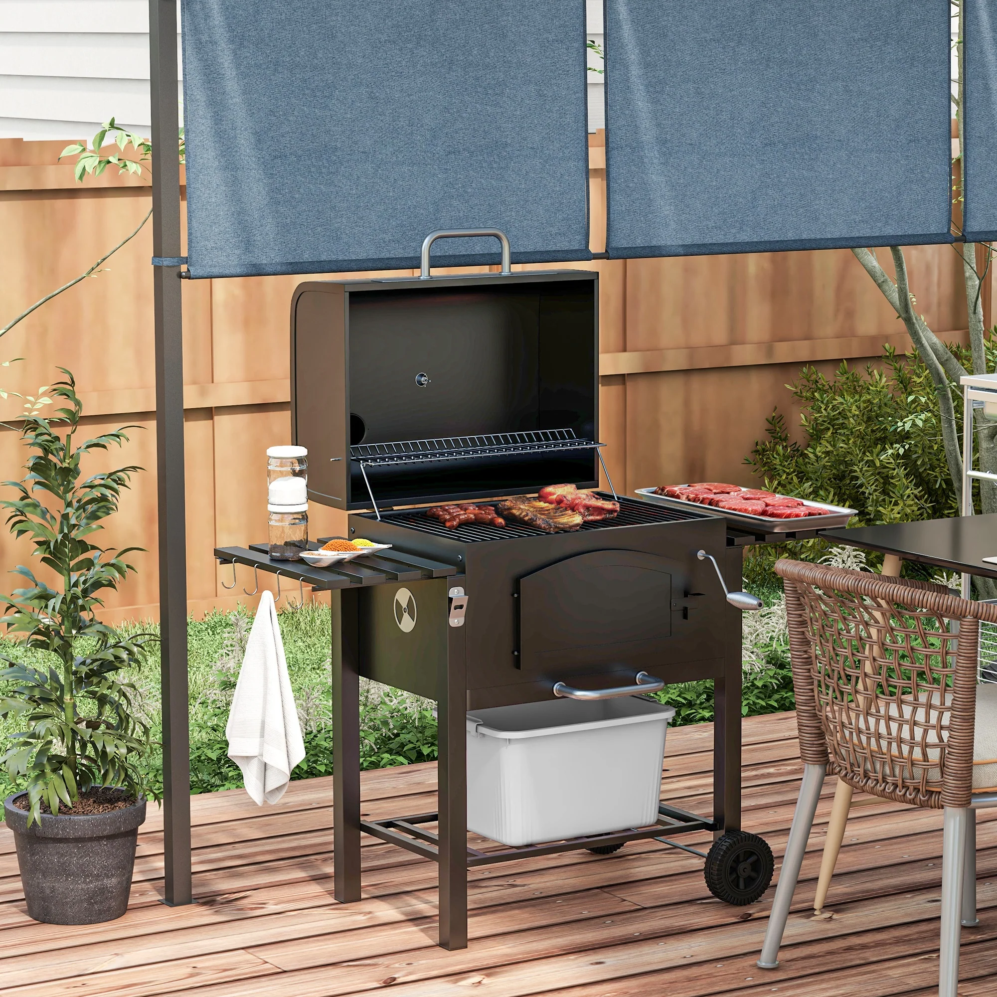 Adjustable Height Charcoal Grill with Foldable Shelves & Wheels, Black - Image 3