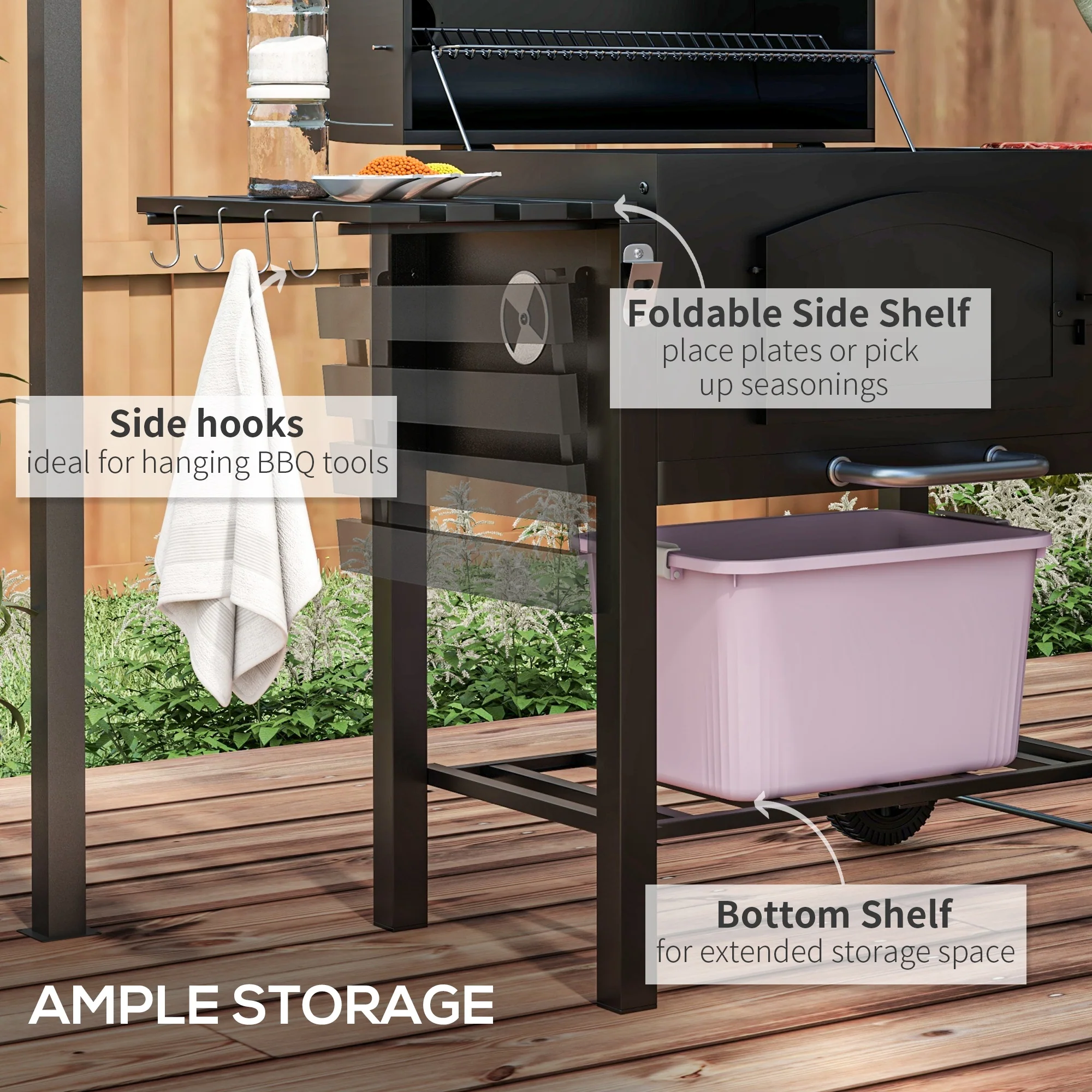 Adjustable Height Charcoal Grill with Foldable Shelves & Wheels, Black - Image 8
