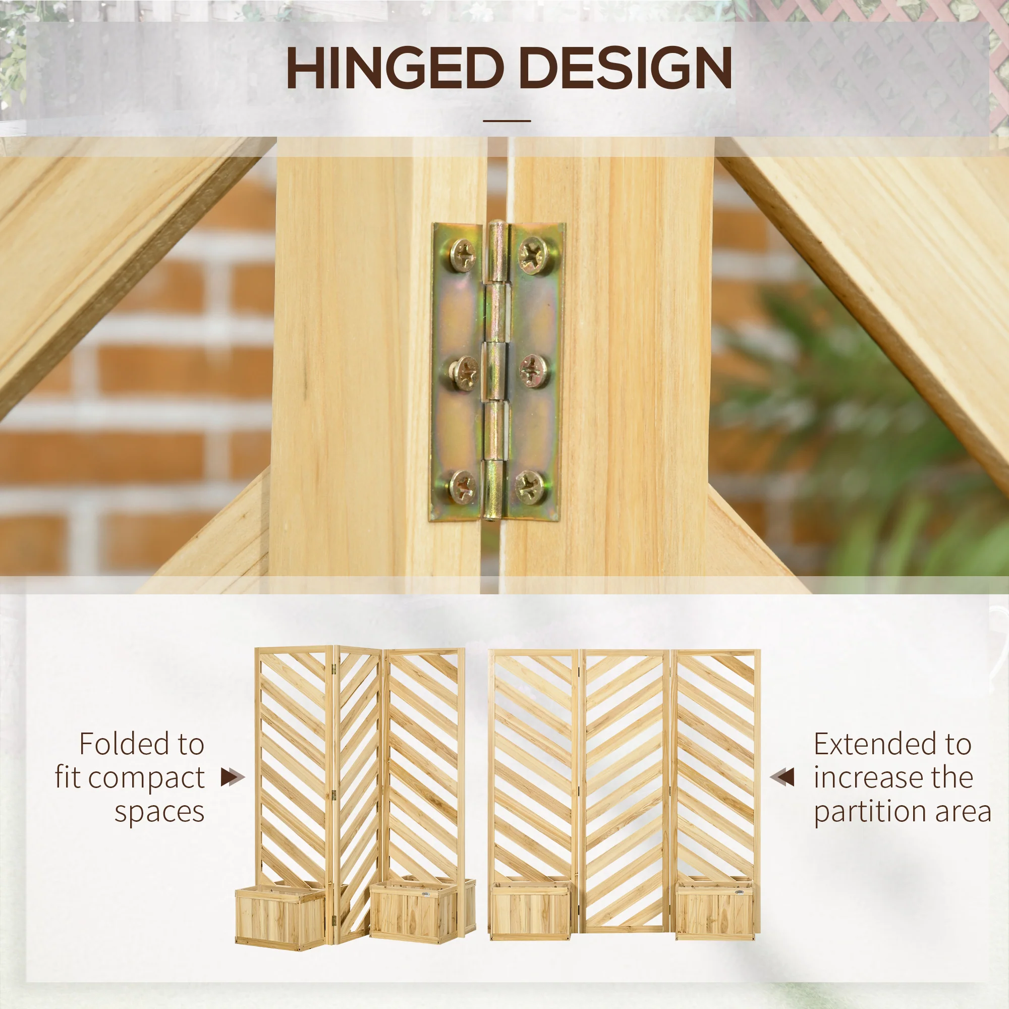 Freestanding Outdoor Privacy Screen with 4 Self-Draining Planters & 3 Trellis Panels, Natural Wood - Image 7