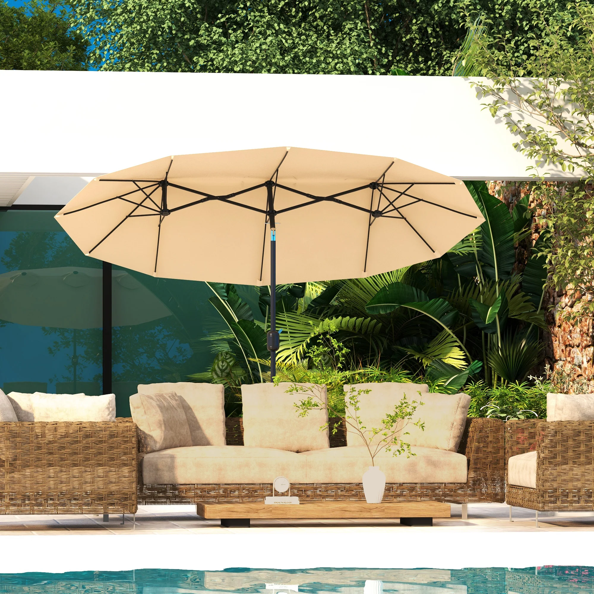 9.5' Double Sided Outdoor Market Umbrella with Push Button Tilt & Crank, 3 Air Vents, Brown - Image 3