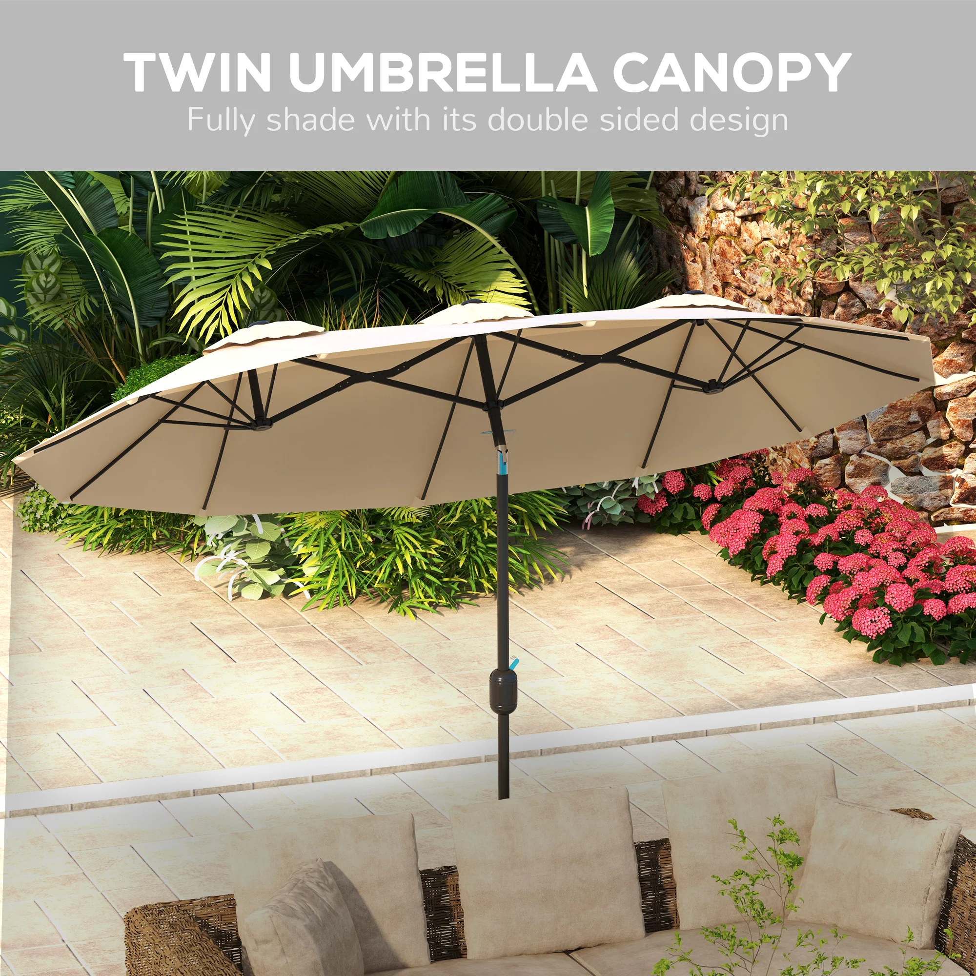 9.5' Double Sided Outdoor Market Umbrella with Push Button Tilt & Crank, 3 Air Vents, Brown - Image 7