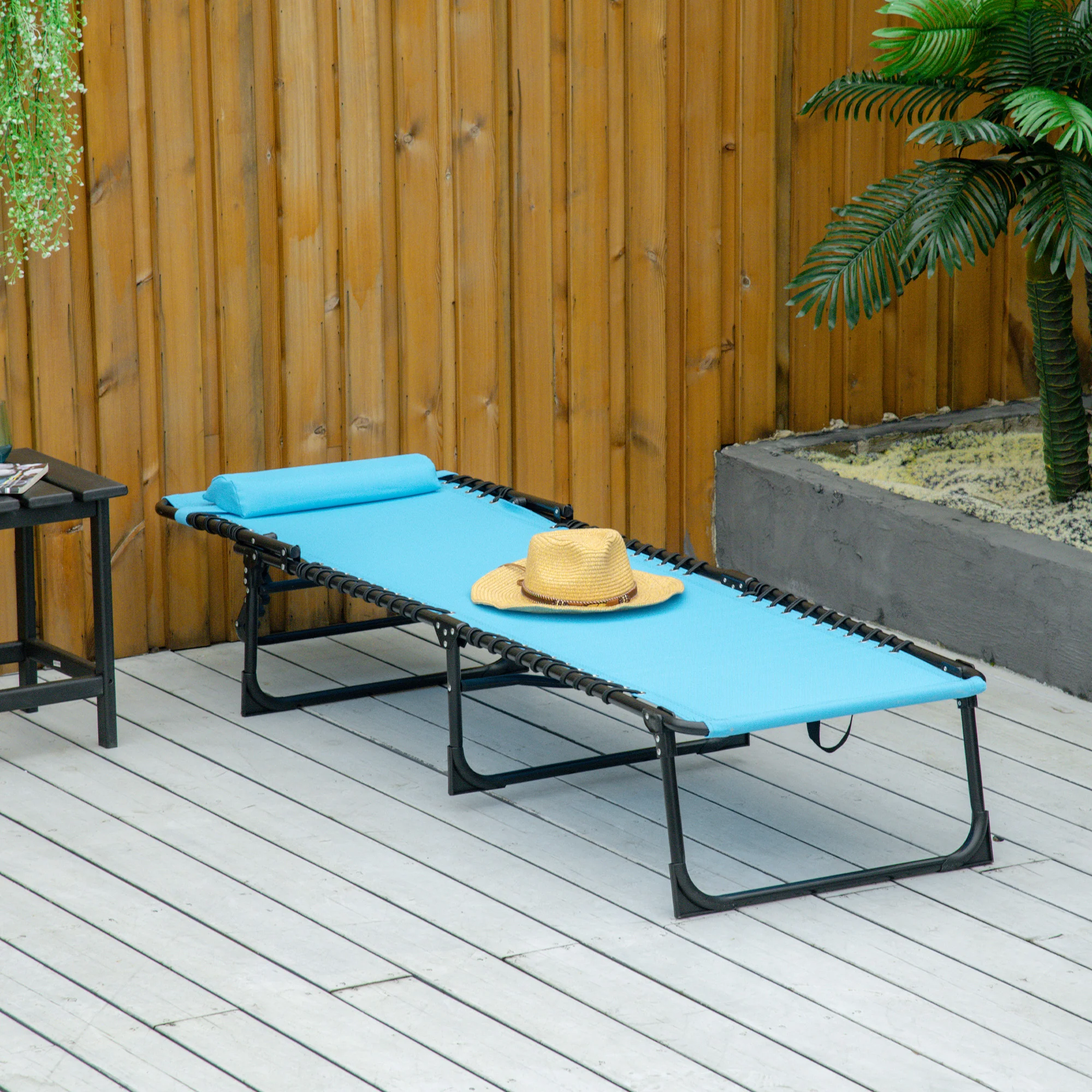 Folding Chaise Lounge Chair with 4-Position Recline, Breathable Mesh & Bungee Seat, Blue - Image 4