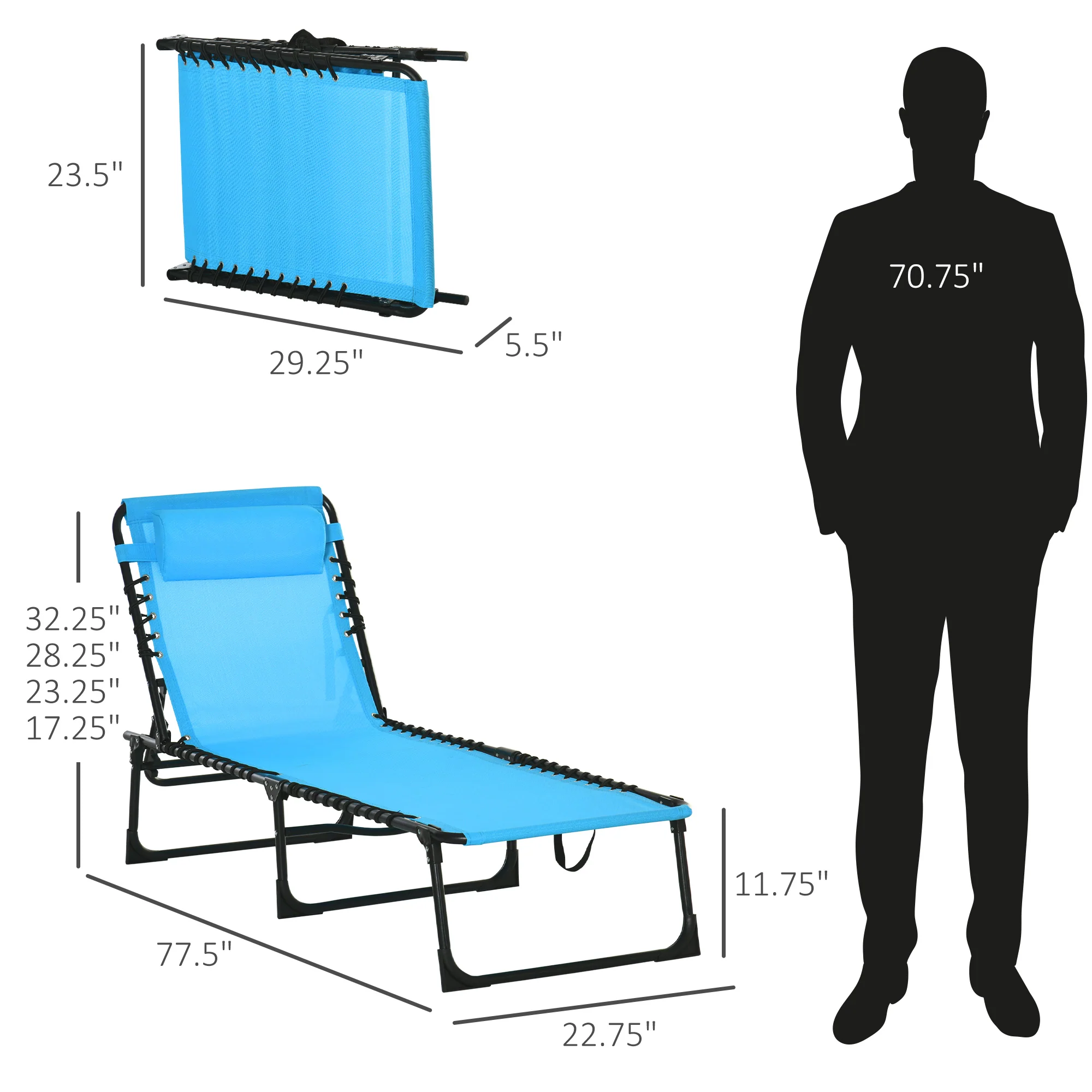 Folding Chaise Lounge Chair with 4-Position Recline, Breathable Mesh & Bungee Seat, Blue - Image 5