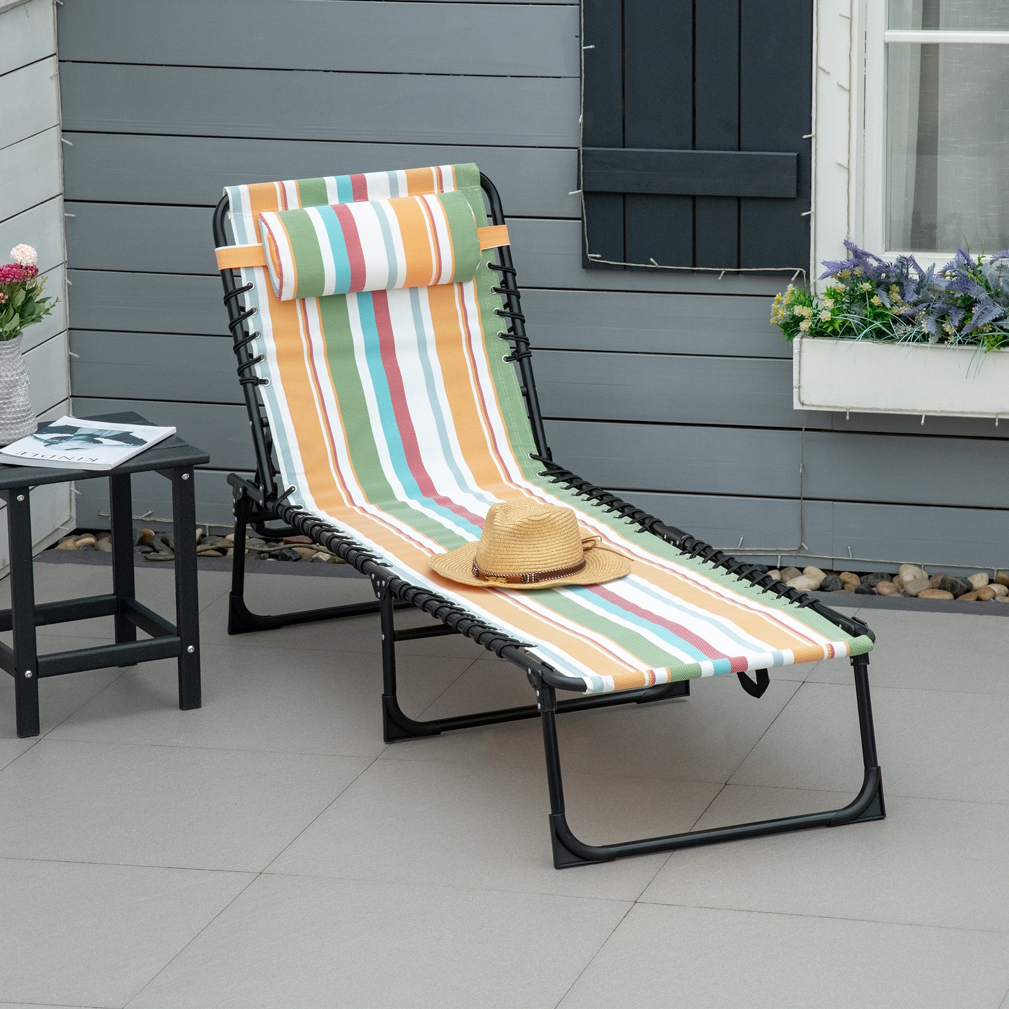 Folding Chaise Lounge Pool Chair with Pillow, 4-Position Reclining, Breathable Mesh, Rainbow Striped - Image 4