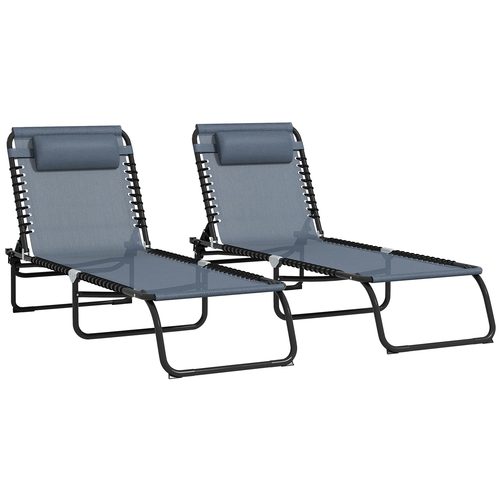 2-Pack Folding Chaise Lounge Pool Chairs, 4-Position Reclining, Bungee Seat with Pillow, Gray - Image 12