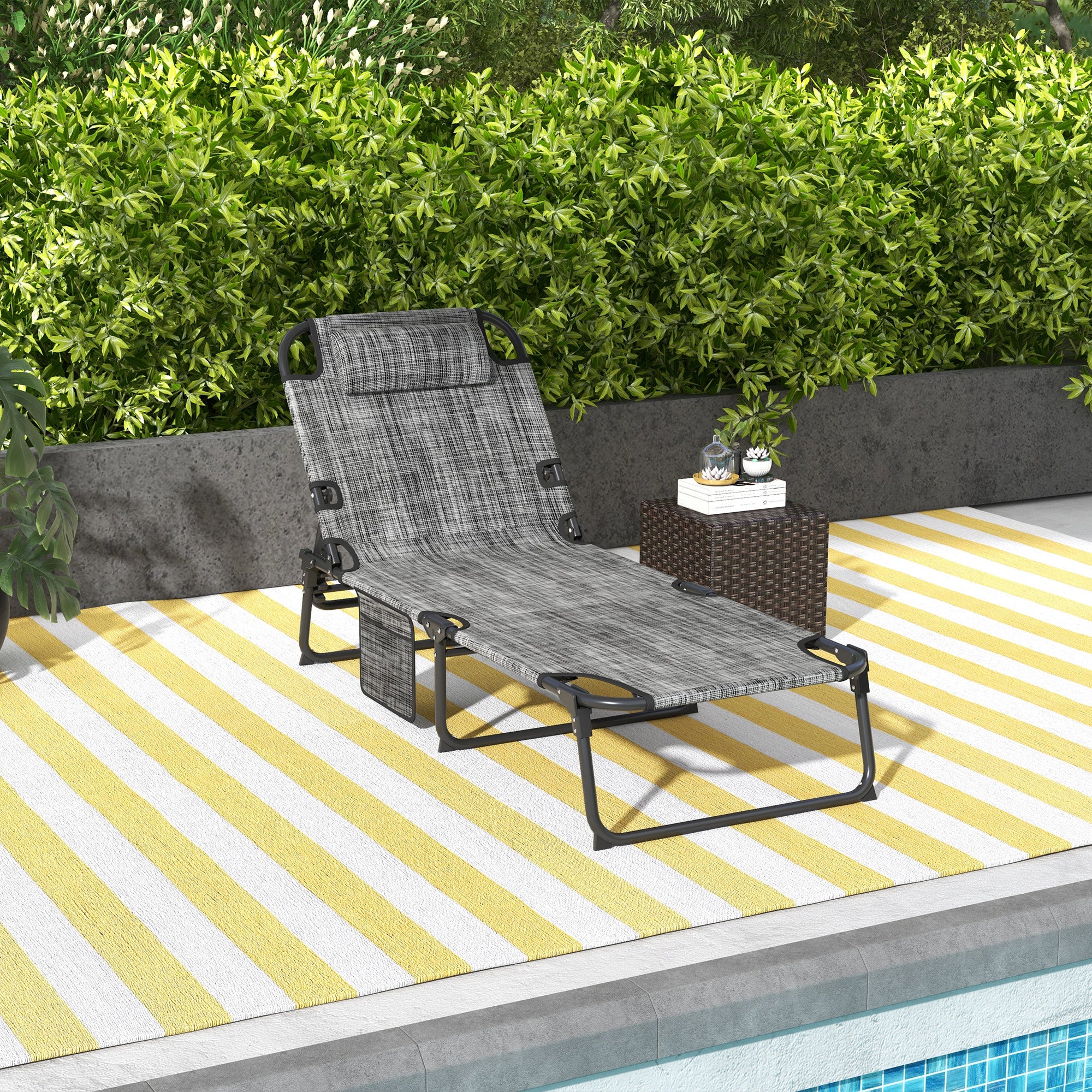Folding Chaise Lounge Pool Chair, 4-level Reclining Back, Cushion, Side Pocket, Headrest, Gray - Image 4
