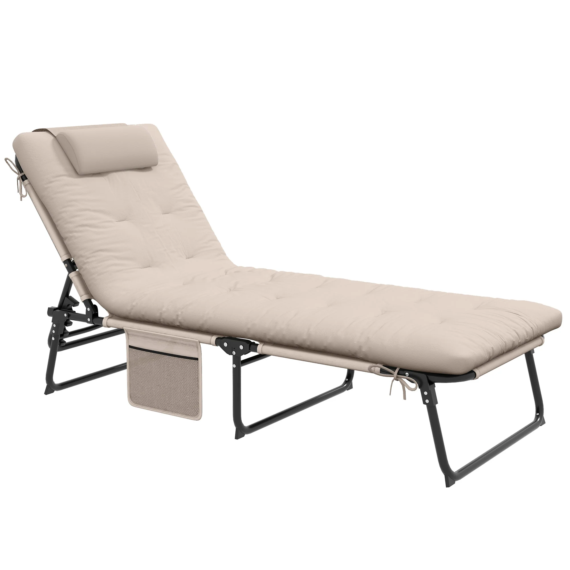 Folding Chaise Lounge Pool Chair, 4-level Reclining Back, Cushion, Side Pocket, Headrest, Beige - Image 2