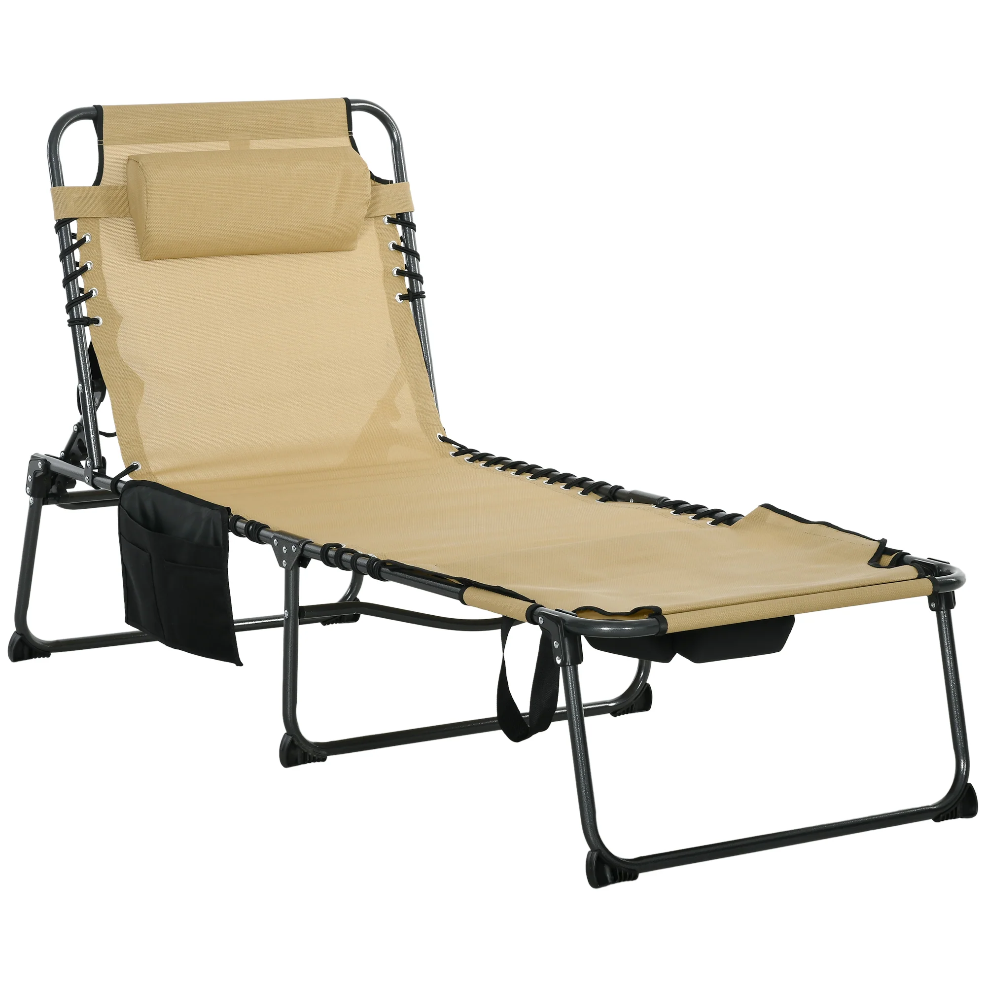 Adjustable Folding Chaise Lounge Chair with 5-Level Recline, Headrest & Side Pocket,, Beige - Image 12