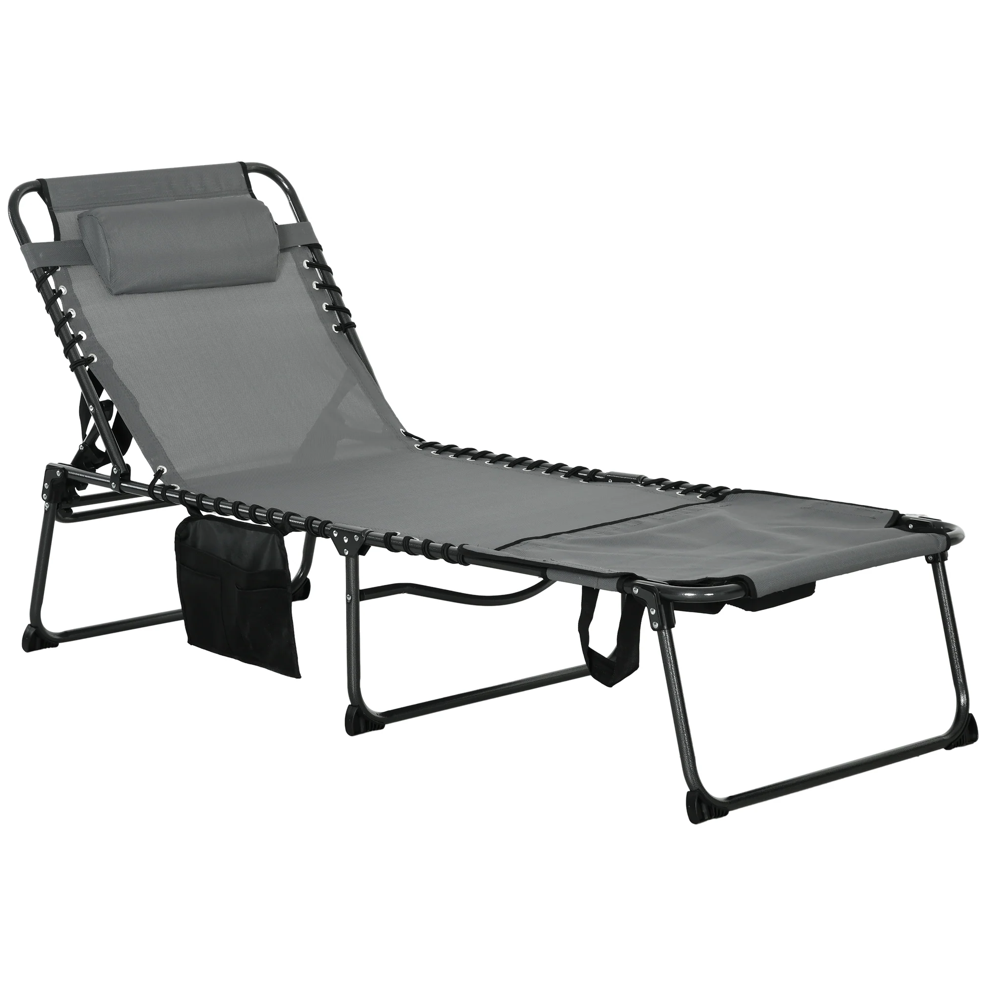 Adjustable Folding Chaise Lounge Chair with 5-Level Recline, Headrest & Side Pocket, Gray - Image 12