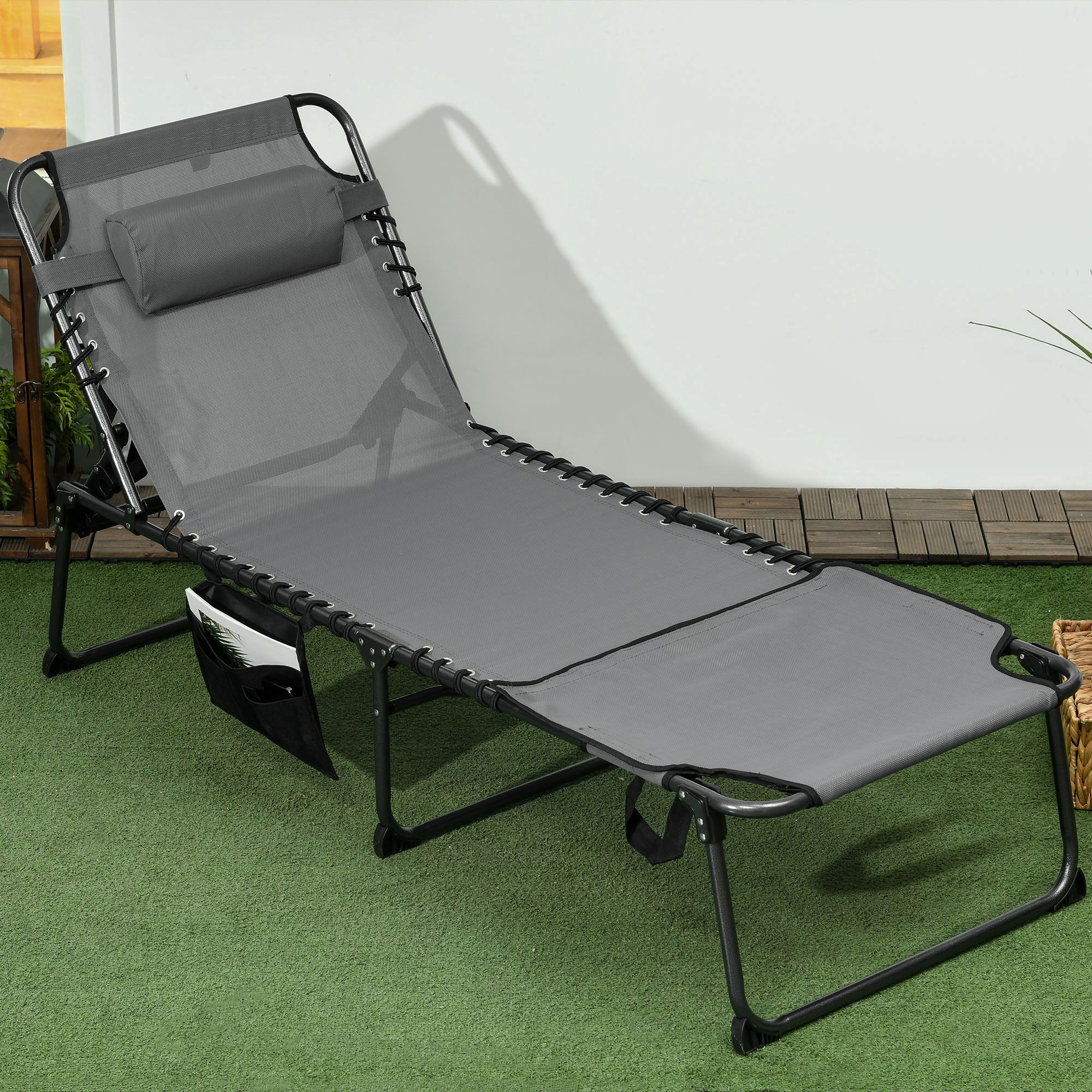 Adjustable Folding Chaise Lounge Chair with 5-Level Recline, Headrest & Side Pocket, Gray - Image 4