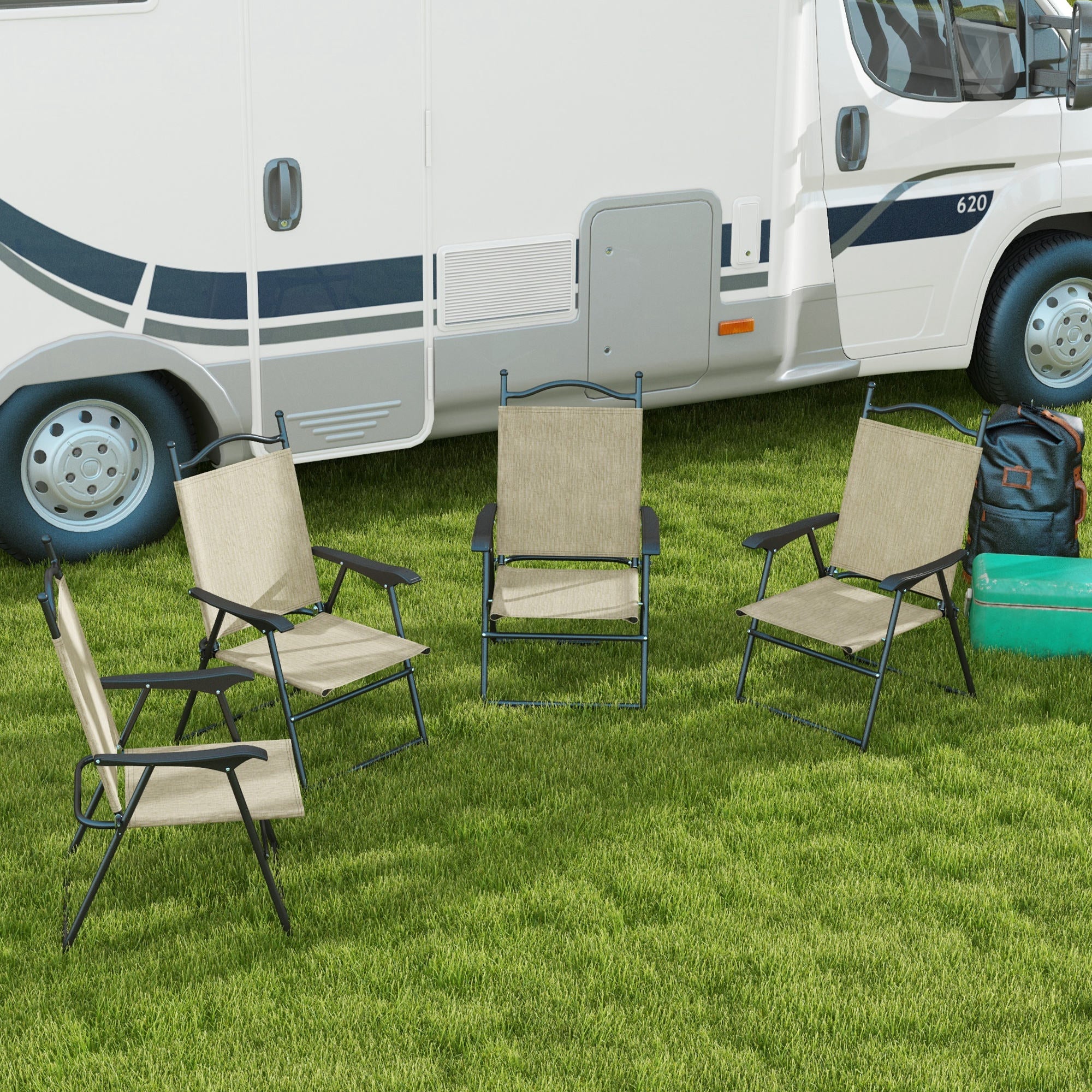 4-Piece Folding Chairs with Armrests & Mesh Seat for Patio, Camping, Lawn, Beige - Image 3