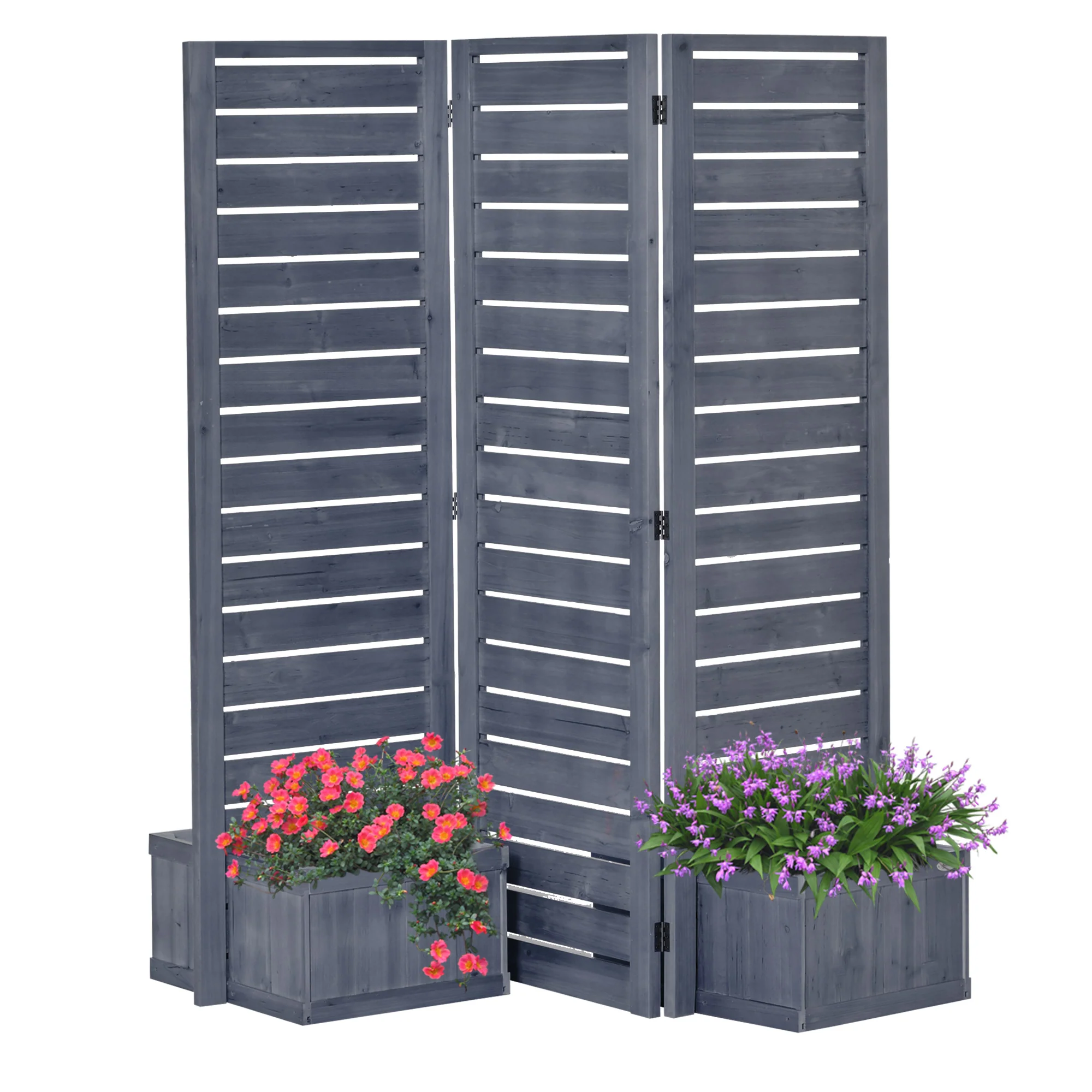 3-Panel Wood Privacy Screen with 4 Planter Boxes & Drainage Holes, Natural Brown
