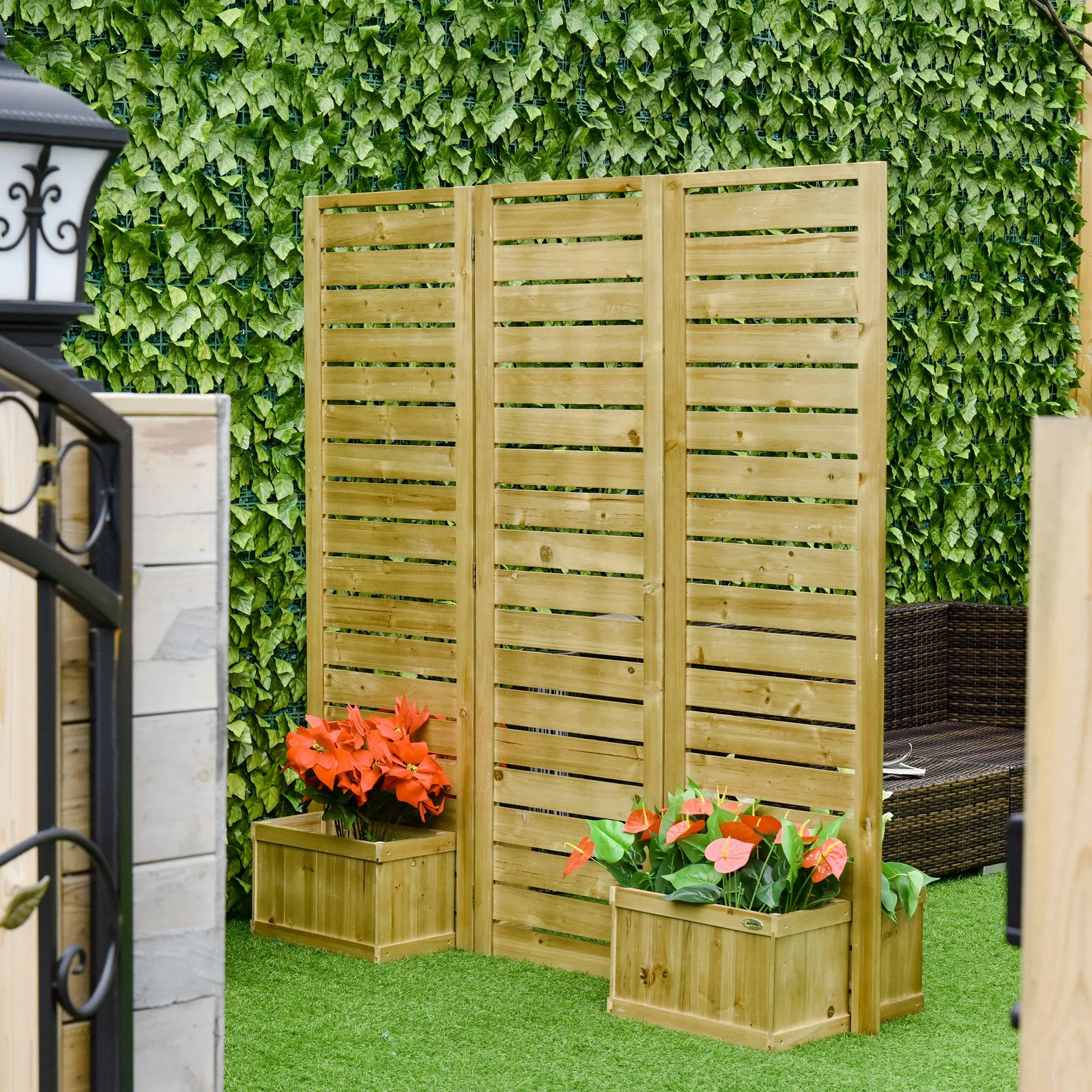 62.5"x19"x66" Wood Privacy Screen with 4 Planters, 3-Panel Raised Bed & Drainage Holes, Natural - Image 4