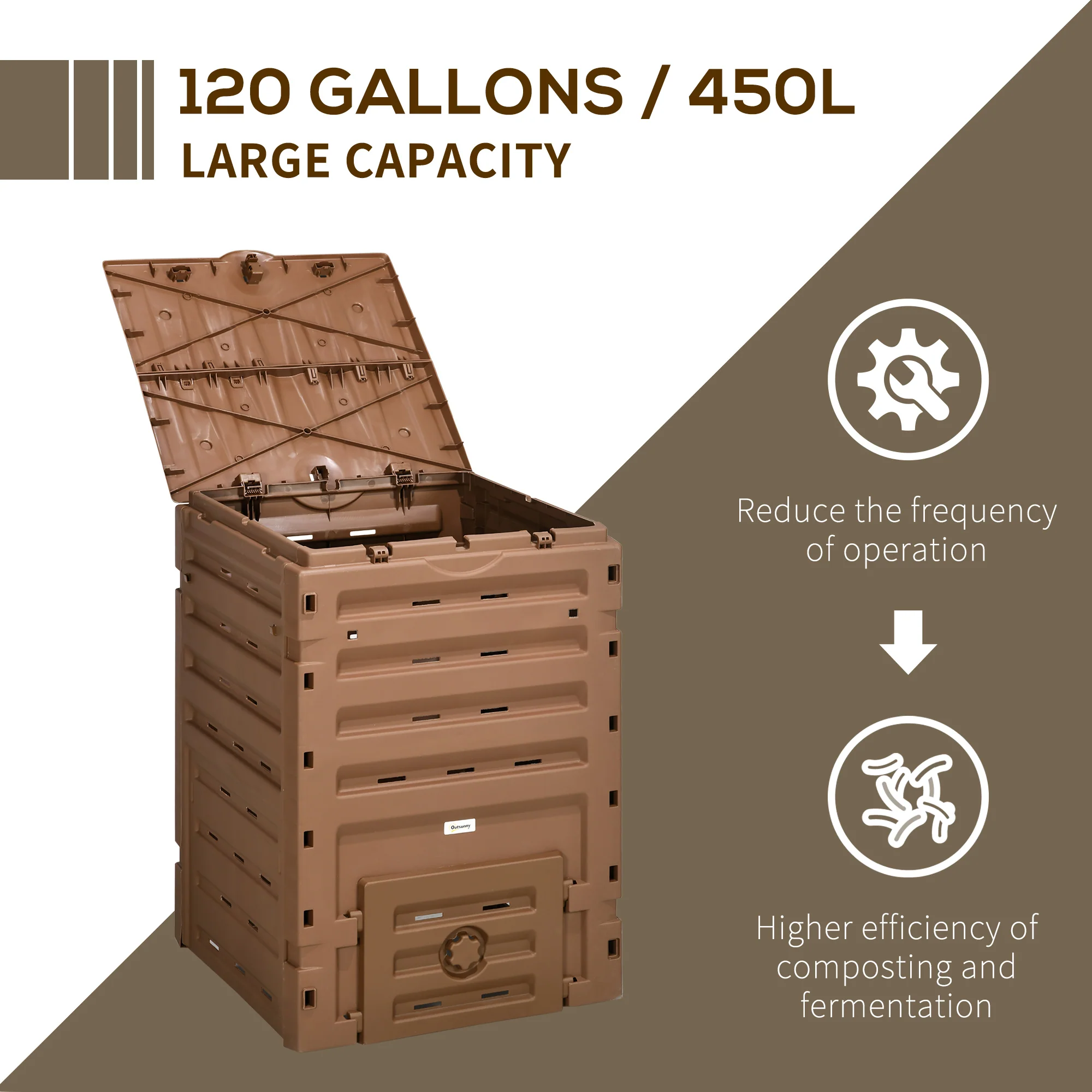 120 Gallon Outdoor Compost Bin with 80 Vents and 2 Sliding Doors, Composter Box BPA Free, Brown - Image 6