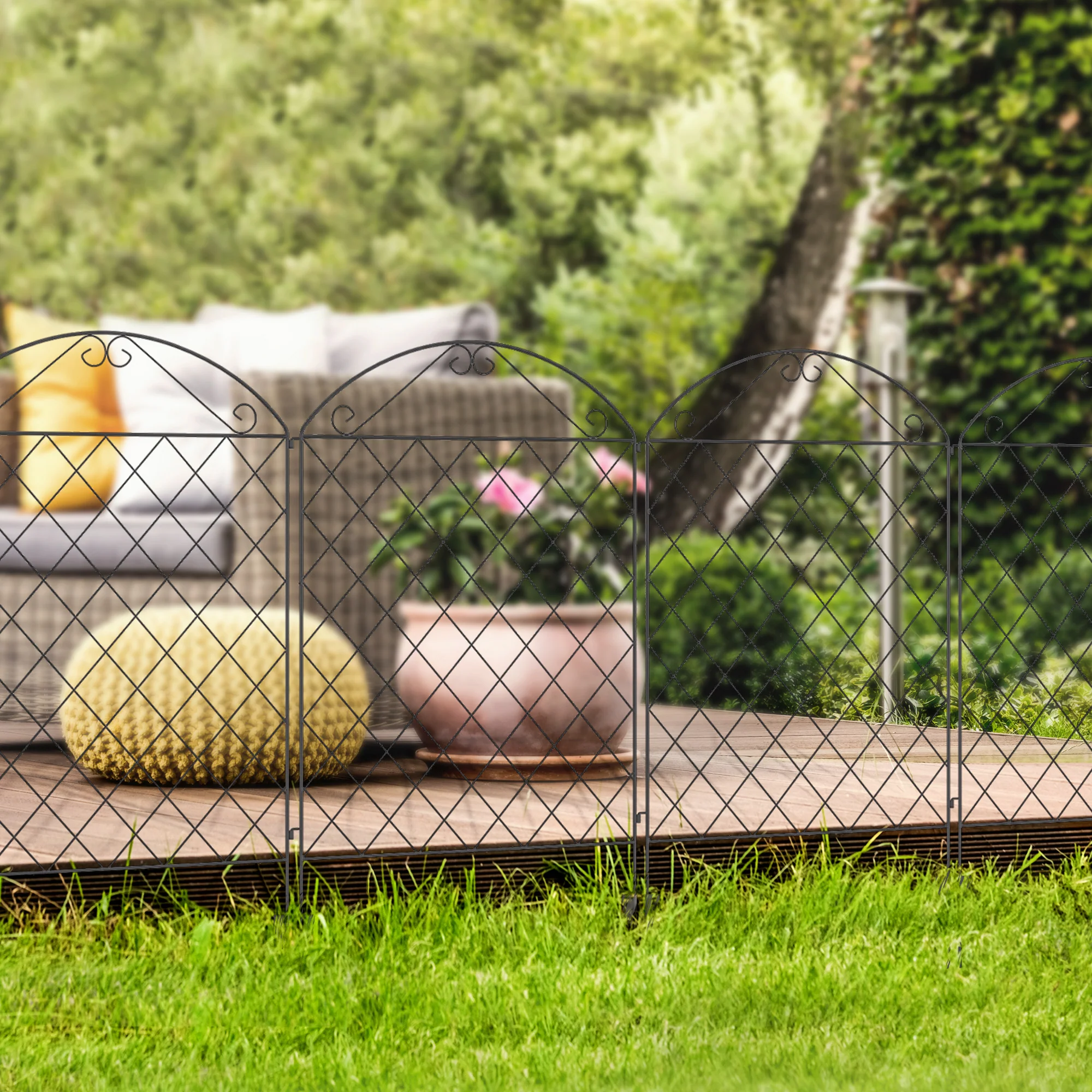 4 Pack Steel Garden Fence Panel, Rust-Resistant Animal Barrier with Curved Vines, 11.5'  x 43", Black - Image 4