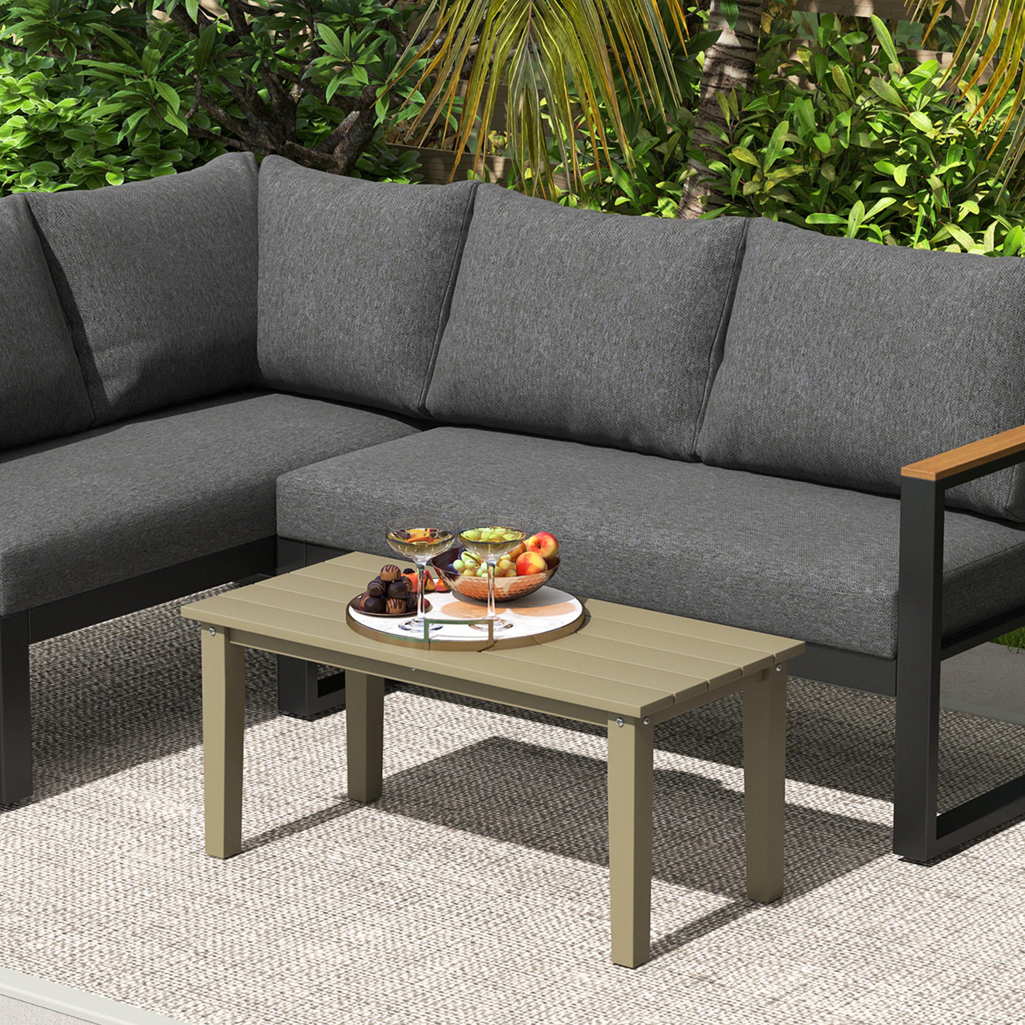 All-Weather HDPE Outdoor Coffee Table with Slatted Tabletop for Garden, Balcony, Backyard, Brown - Image 11