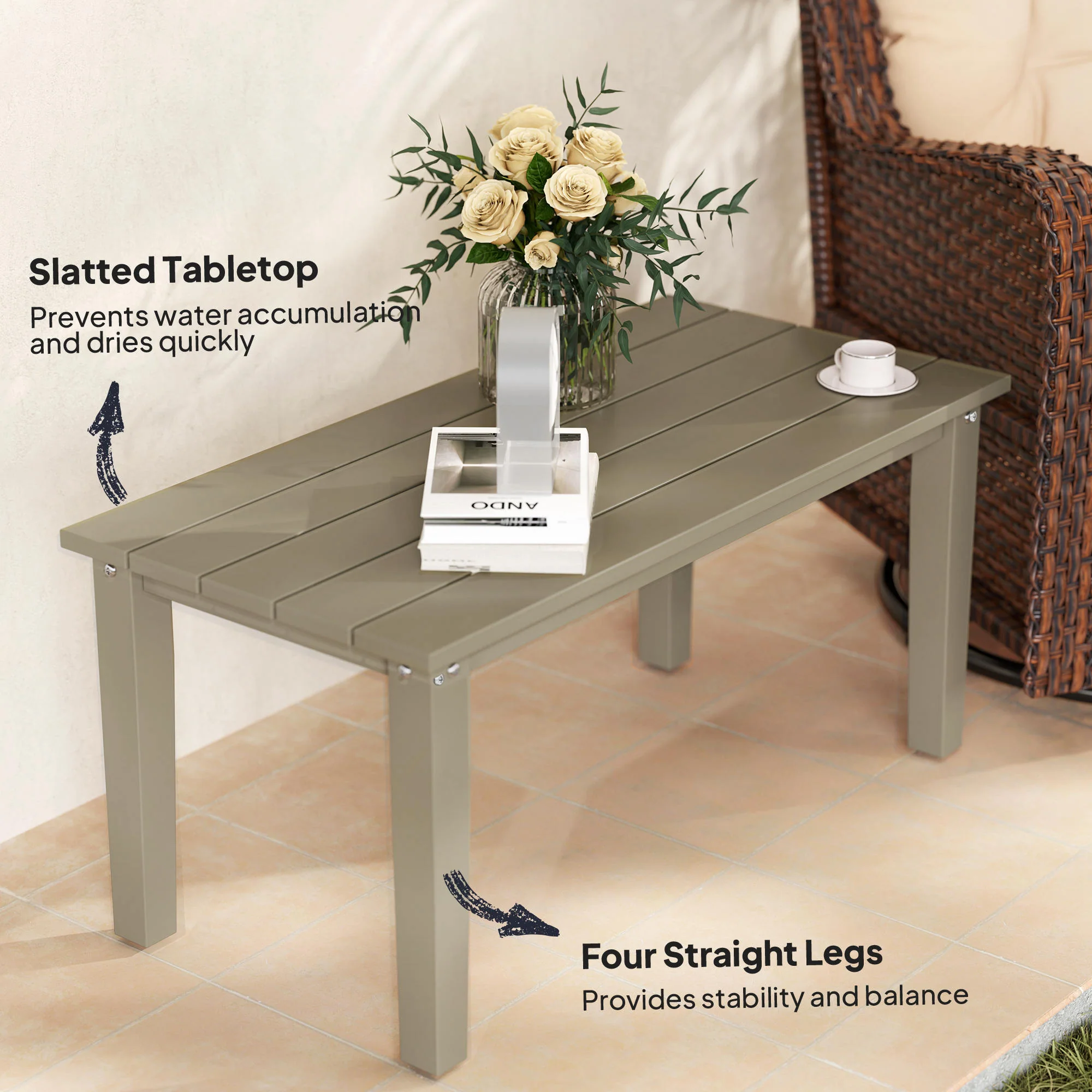 All-Weather HDPE Outdoor Coffee Table with Slatted Tabletop for Garden, Balcony, Backyard, Brown - Image 7