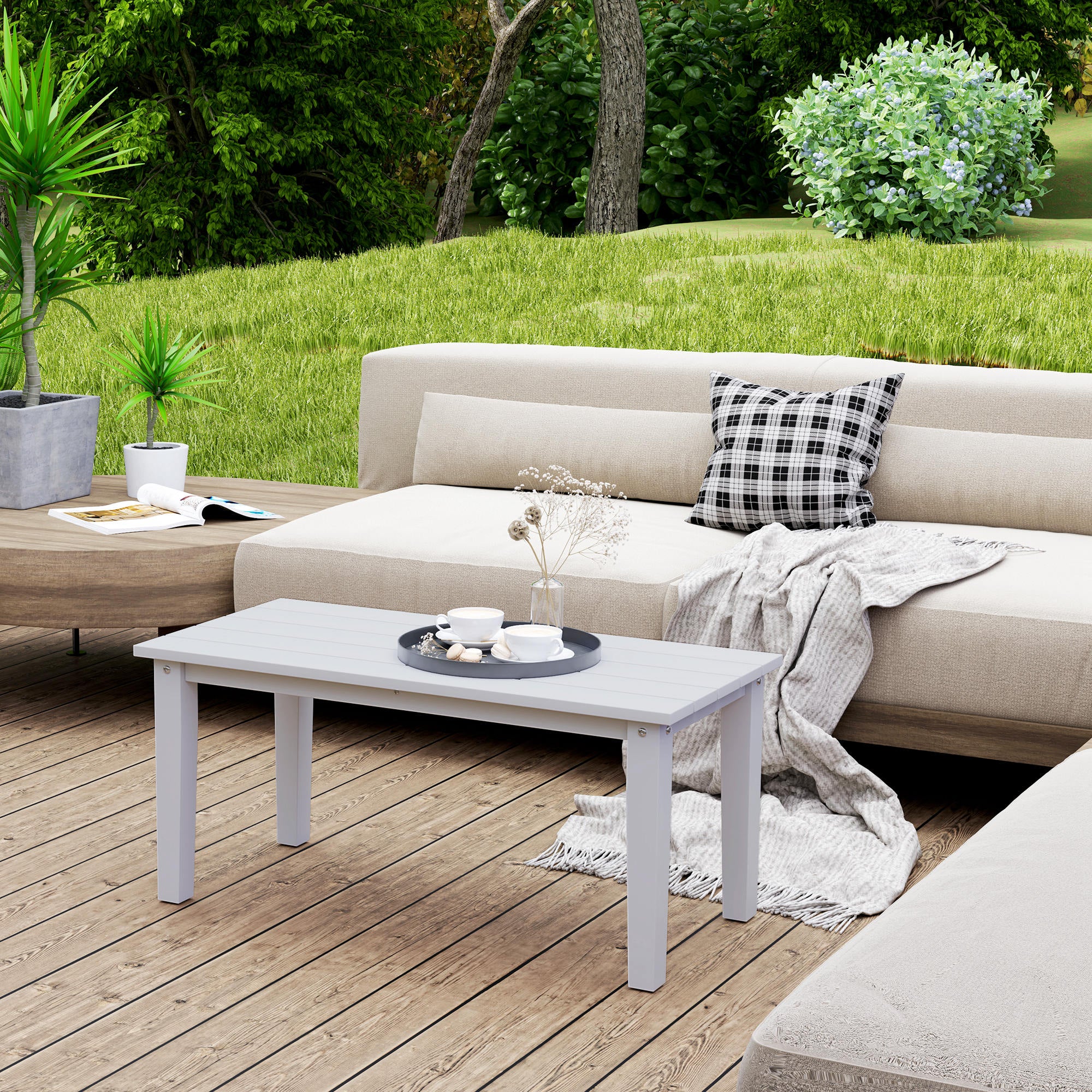 All-Weather HDPE Outdoor Coffee Table with Slatted Tabletop for Garden, Balcony, Backyard, White - Image 3