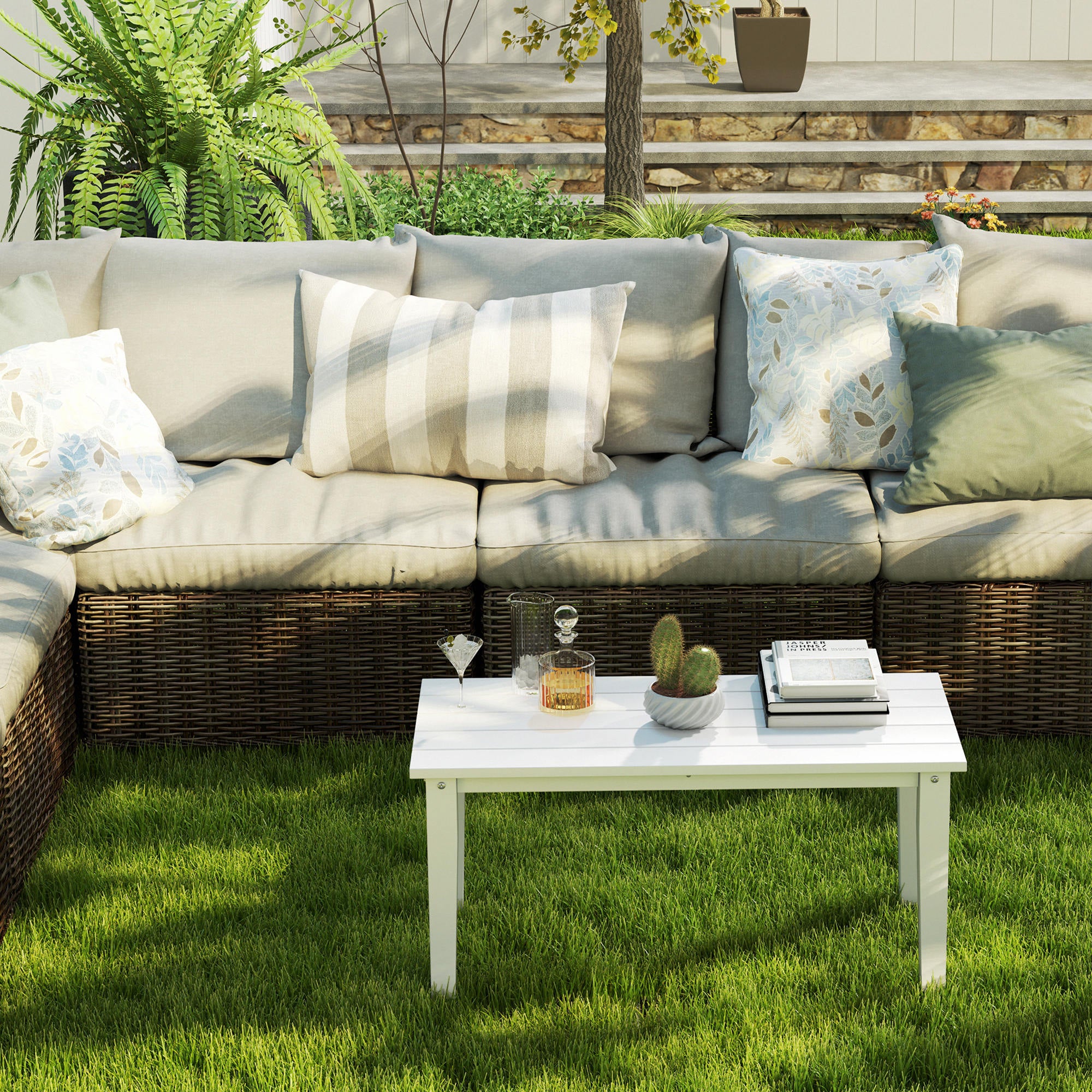 All-Weather HDPE Outdoor Coffee Table with Slatted Tabletop for Garden, Balcony, Backyard, White - Image 9