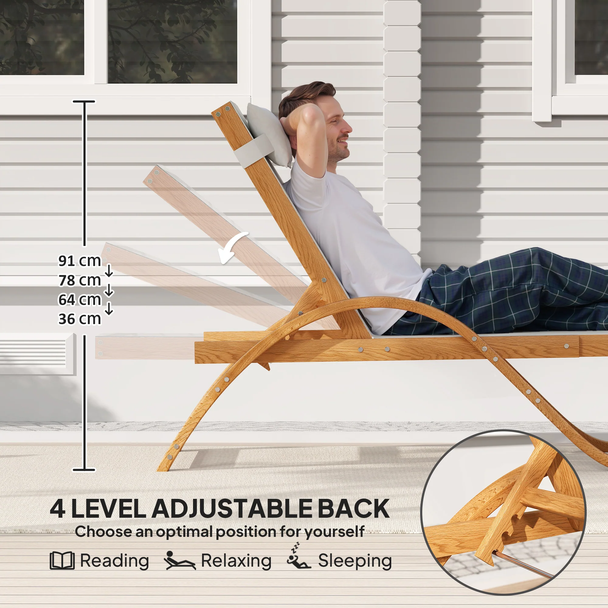 Larch Wood Patio Chaise, 4-Level Adjustable Sun Lounger with Mesh Seat, Cream White - Image 7