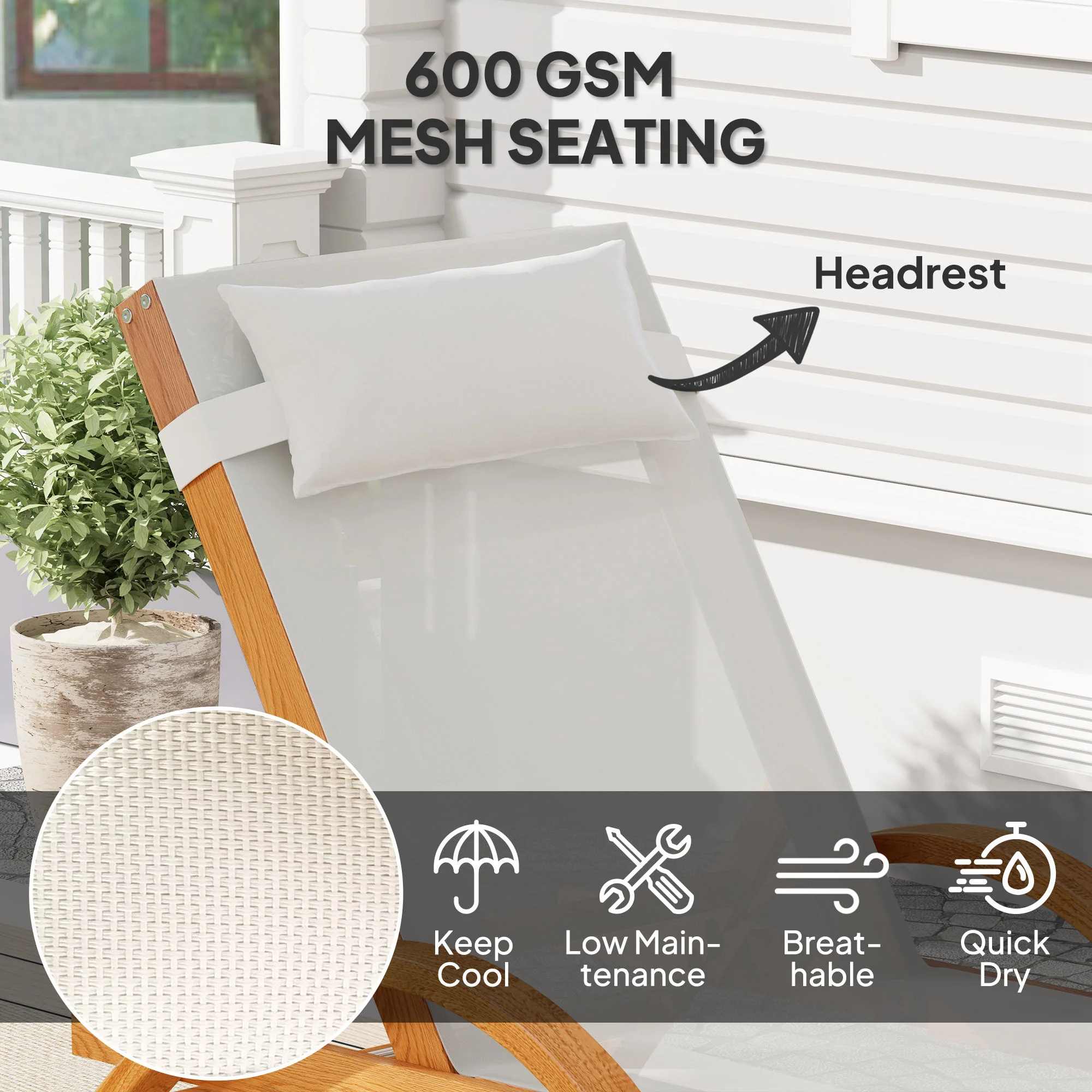 Larch Wood Patio Chaise, 4-Level Adjustable Sun Lounger with Mesh Seat, Cream White - Image 8